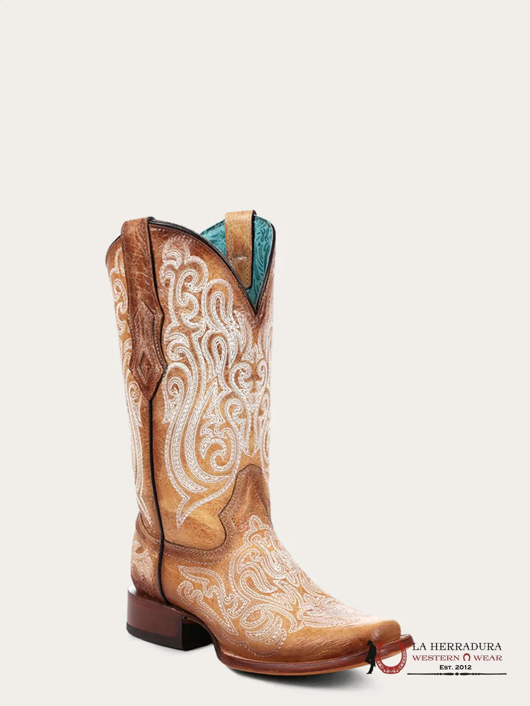 CORRAL LD STRAW-BLUE LUMINESCENT EMBROIDERY SQ. TOE -A4580 BOTAS MUJERES