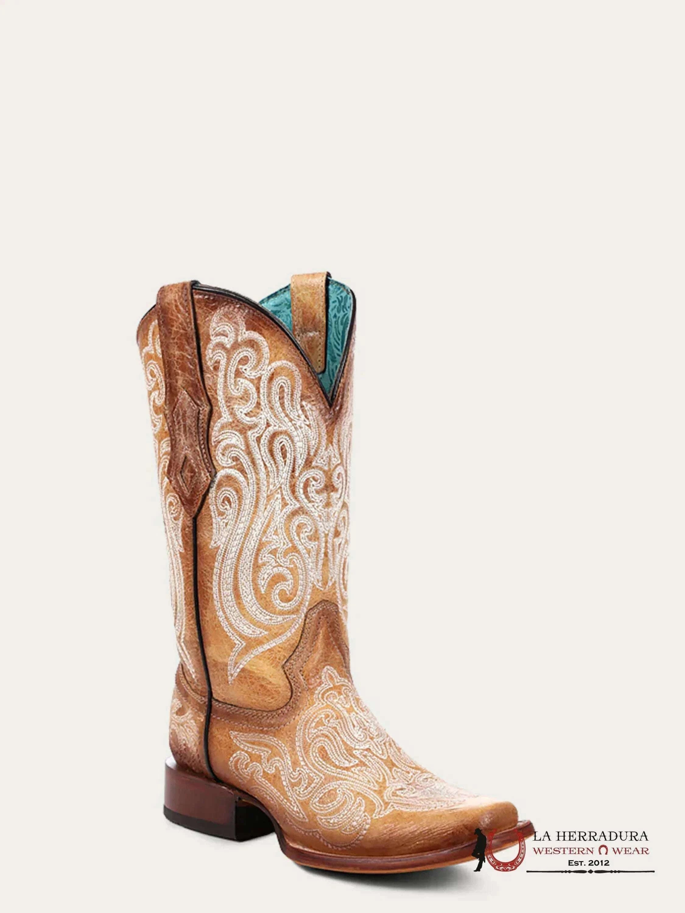 CORRAL LD STRAW-BLUE LUMINESCENT EMBROIDERY SQ. TOE -A4580 BOTAS MUJERES