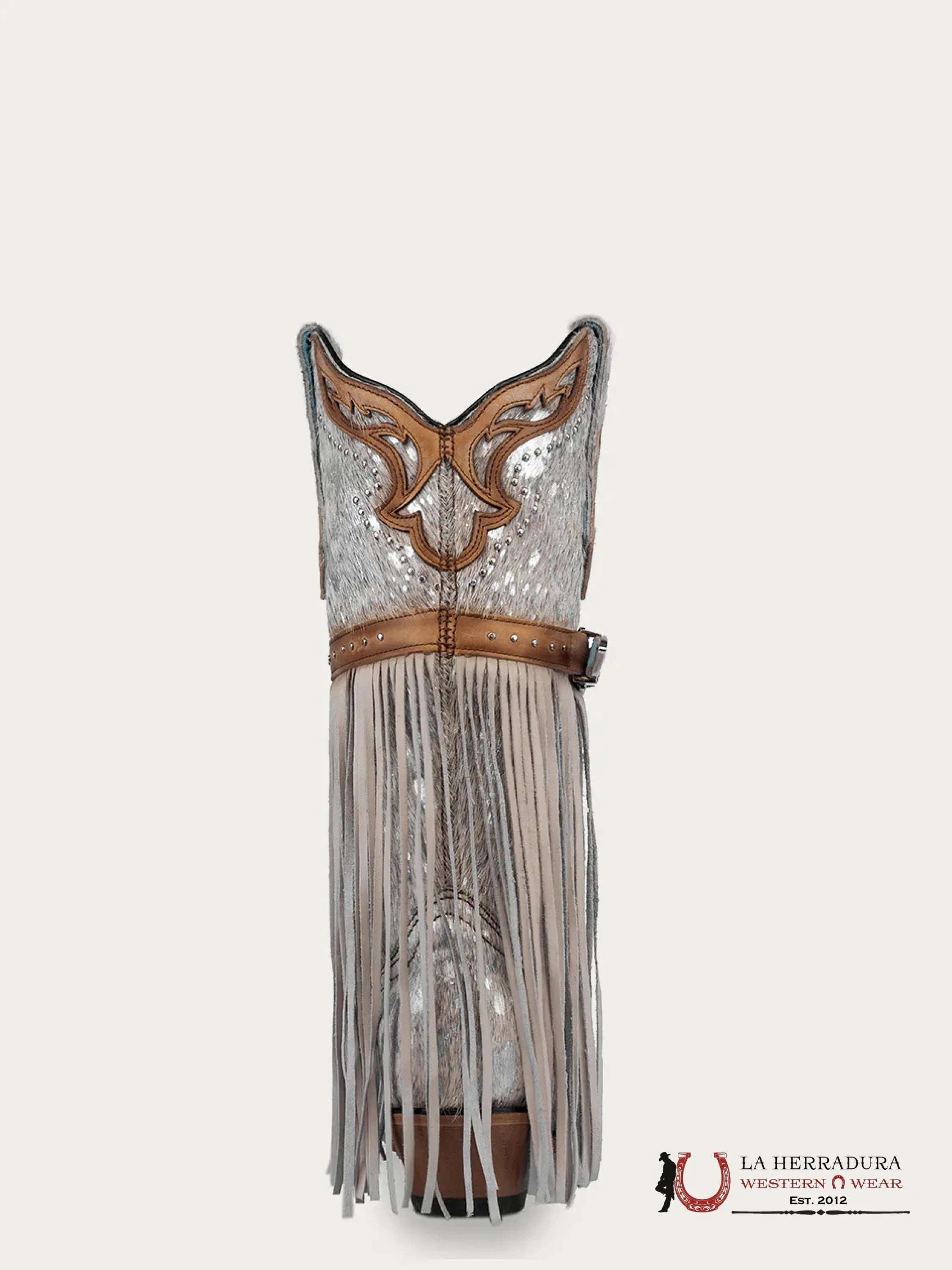 CORRAL LD WHITE FUR HARNESS & STUDS & LAMB FRINGES POINT TOE -C4081 BOTAS MUJERES