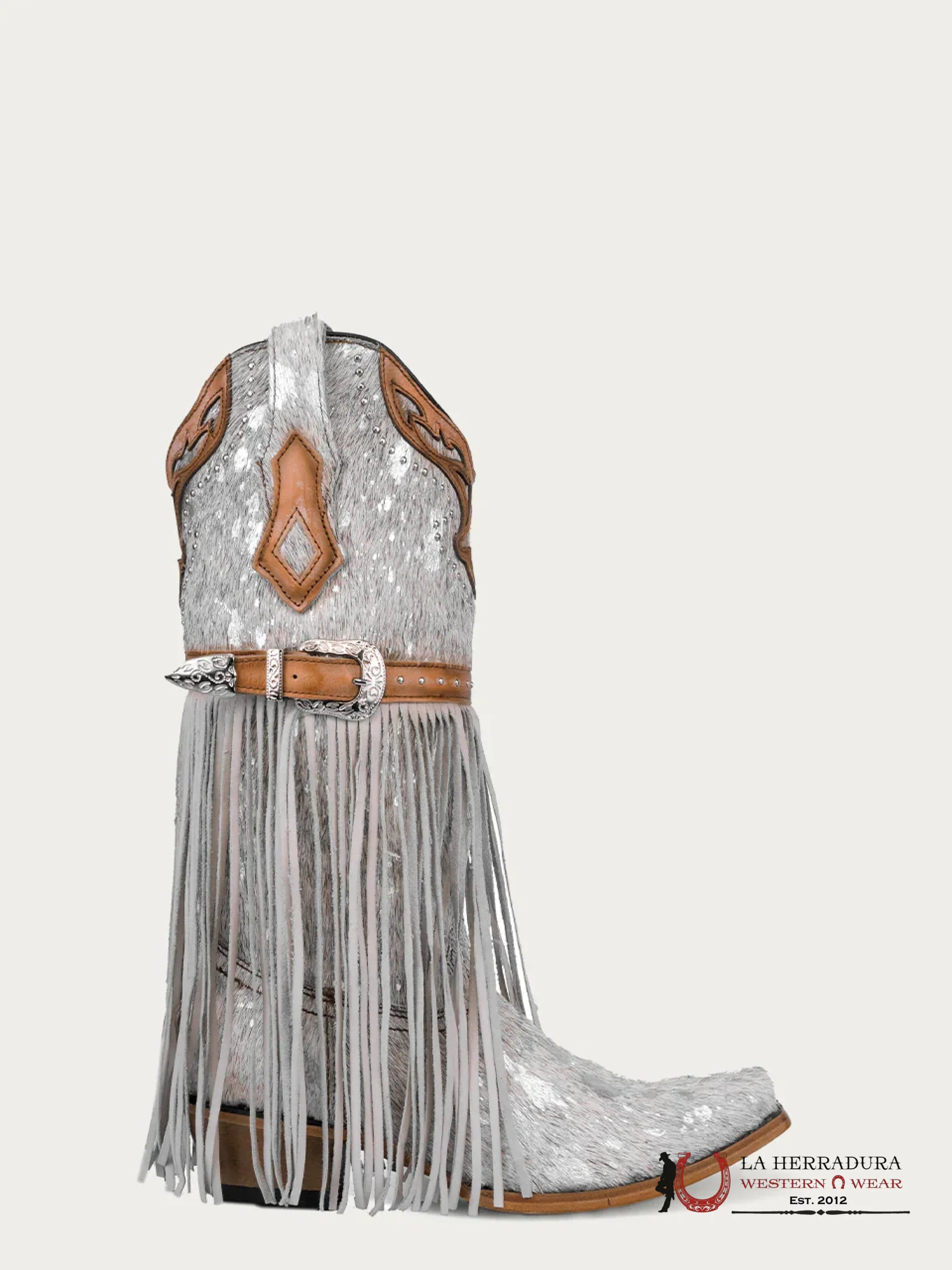 CORRAL LD WHITE FUR HARNESS & STUDS & LAMB FRINGES POINT TOE -C4081 BOTAS MUJERES