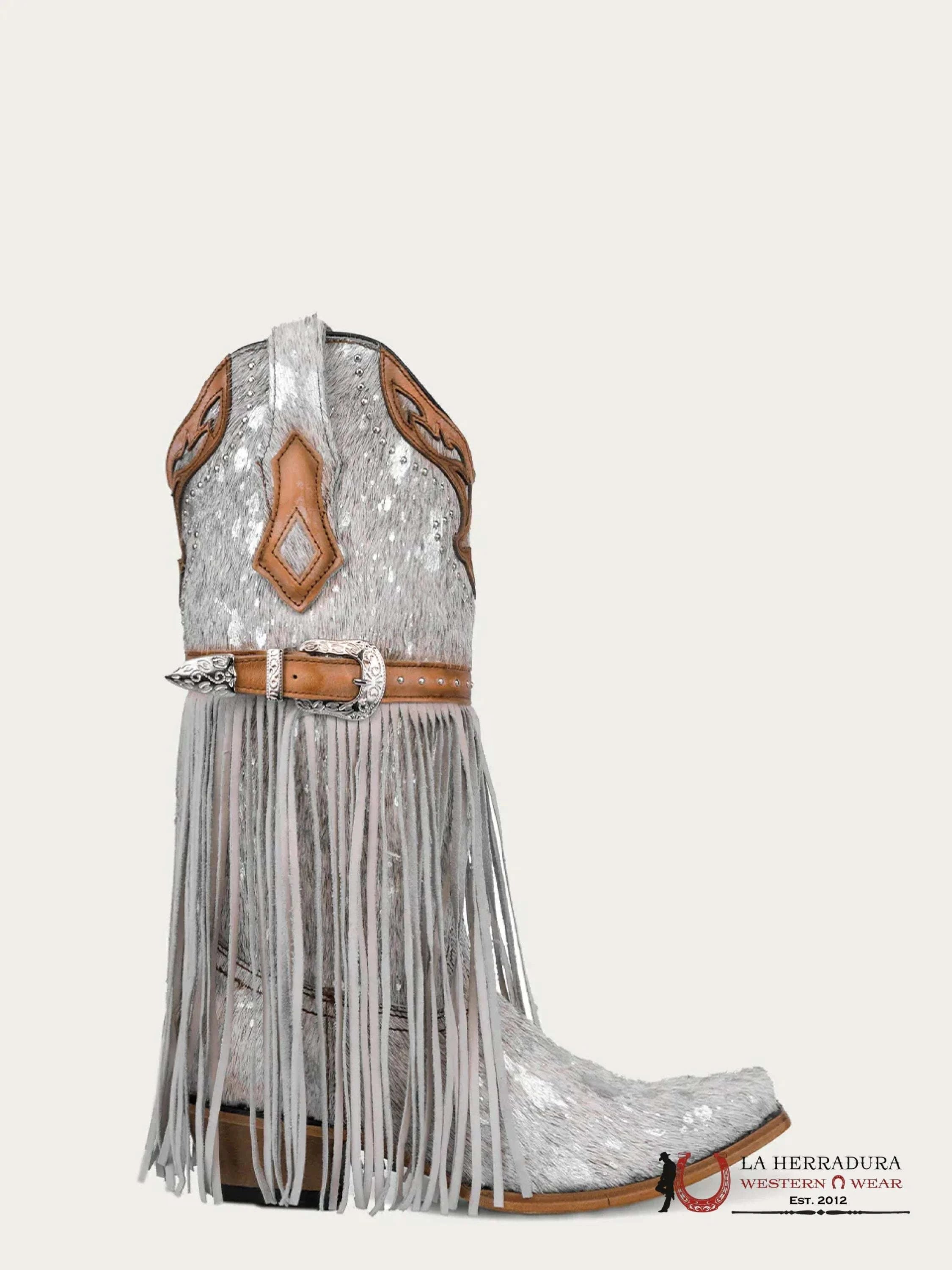 CORRAL LD WHITE FUR HARNESS & STUDS & LAMB FRINGES POINT TOE -C4081 BOTAS MUJERES