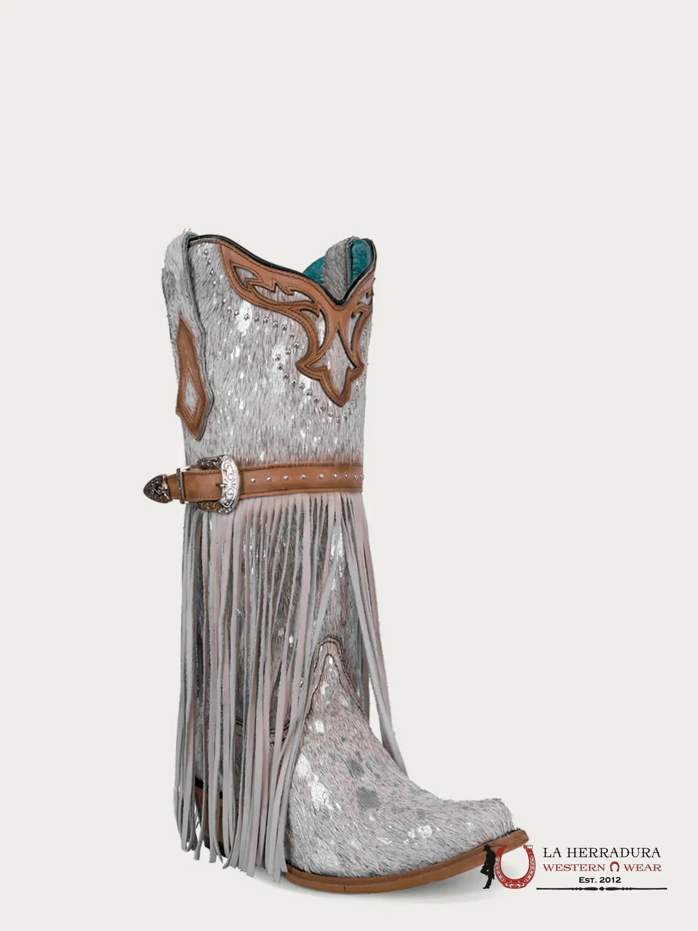 CORRAL LD WHITE FUR HARNESS & STUDS & LAMB FRINGES POINT TOE -C4081 BOTAS MUJERES