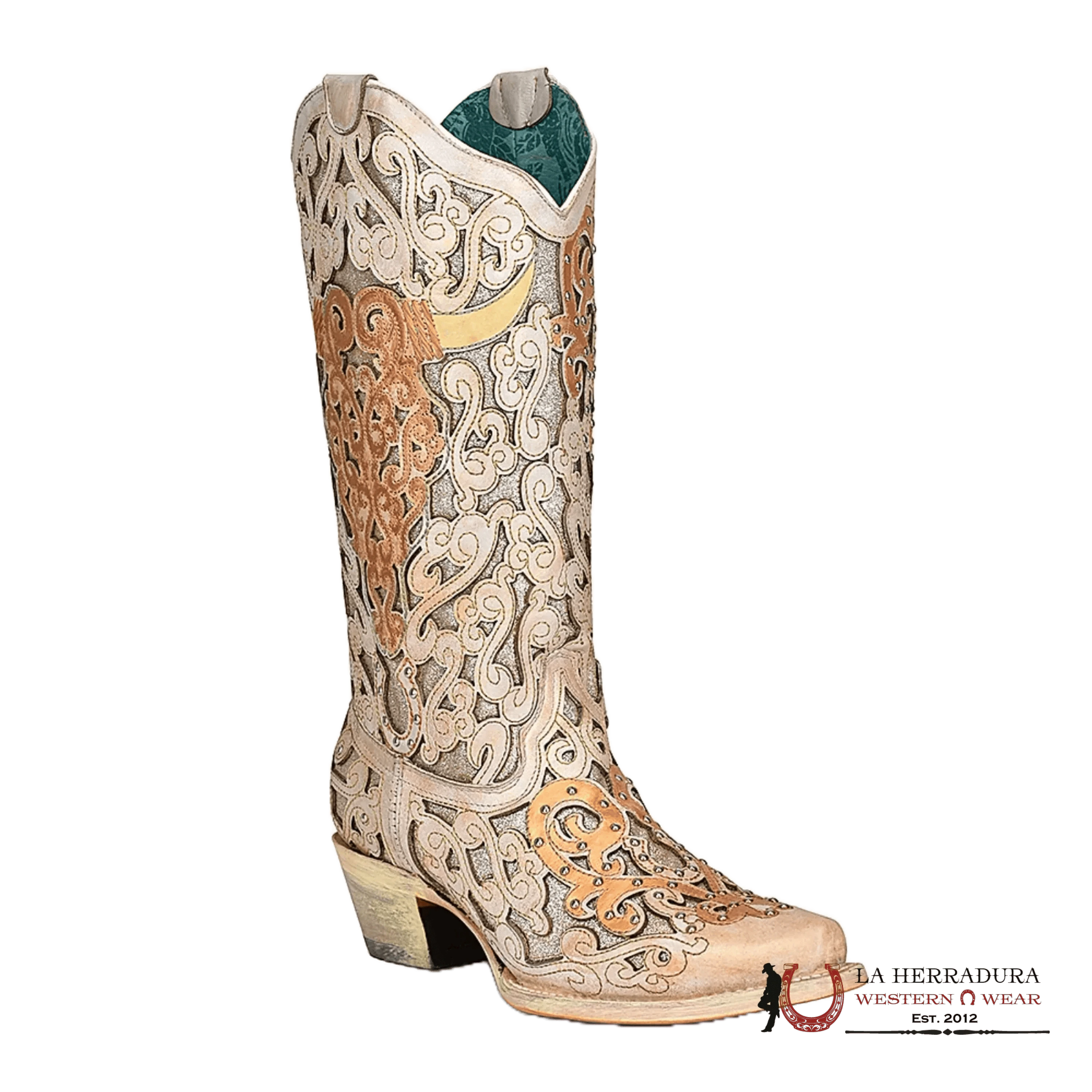 CORRAL LD WHITE GLITTER INLAY & BULL SKULL EMBROIDERY POINT TOE -A4408 BOTAS MUJERES