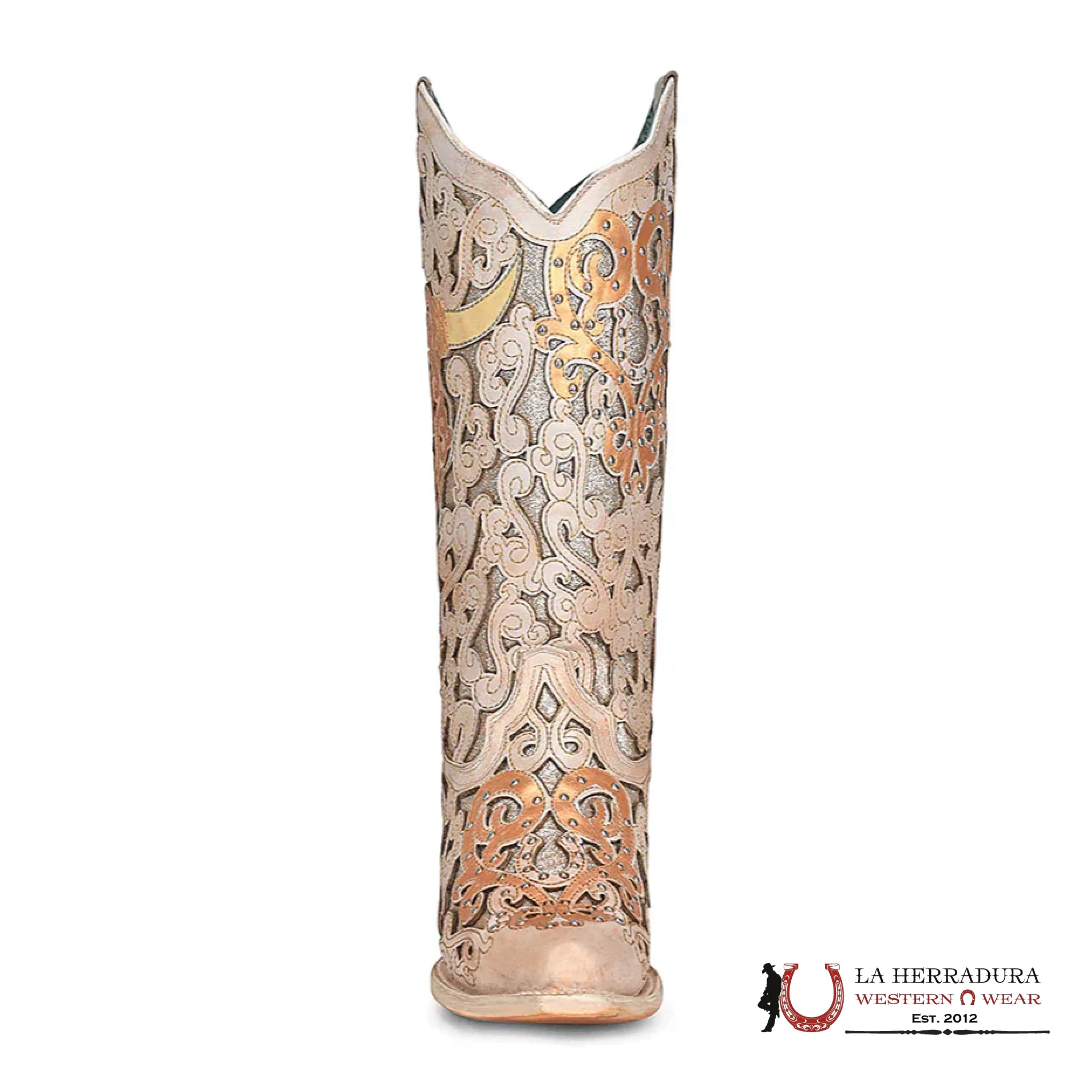 CORRAL LD WHITE GLITTER INLAY & BULL SKULL EMBROIDERY POINT TOE -A4408 BOTAS MUJERES