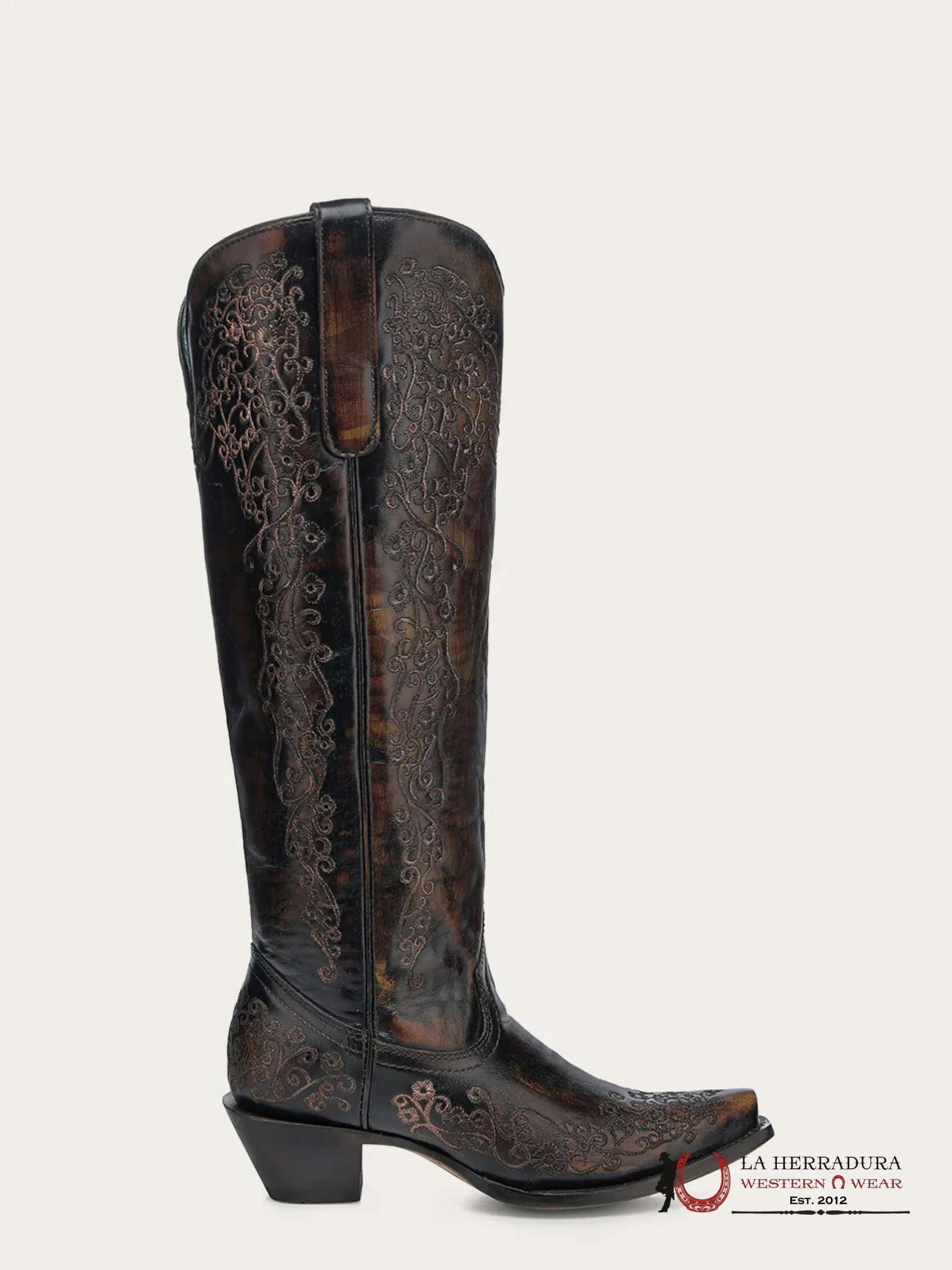 CORRAL TALL BOOT BLACK/HONEY FLORAL EMBROIDERY POINT TOE -A4789 BOTAS MUJERES