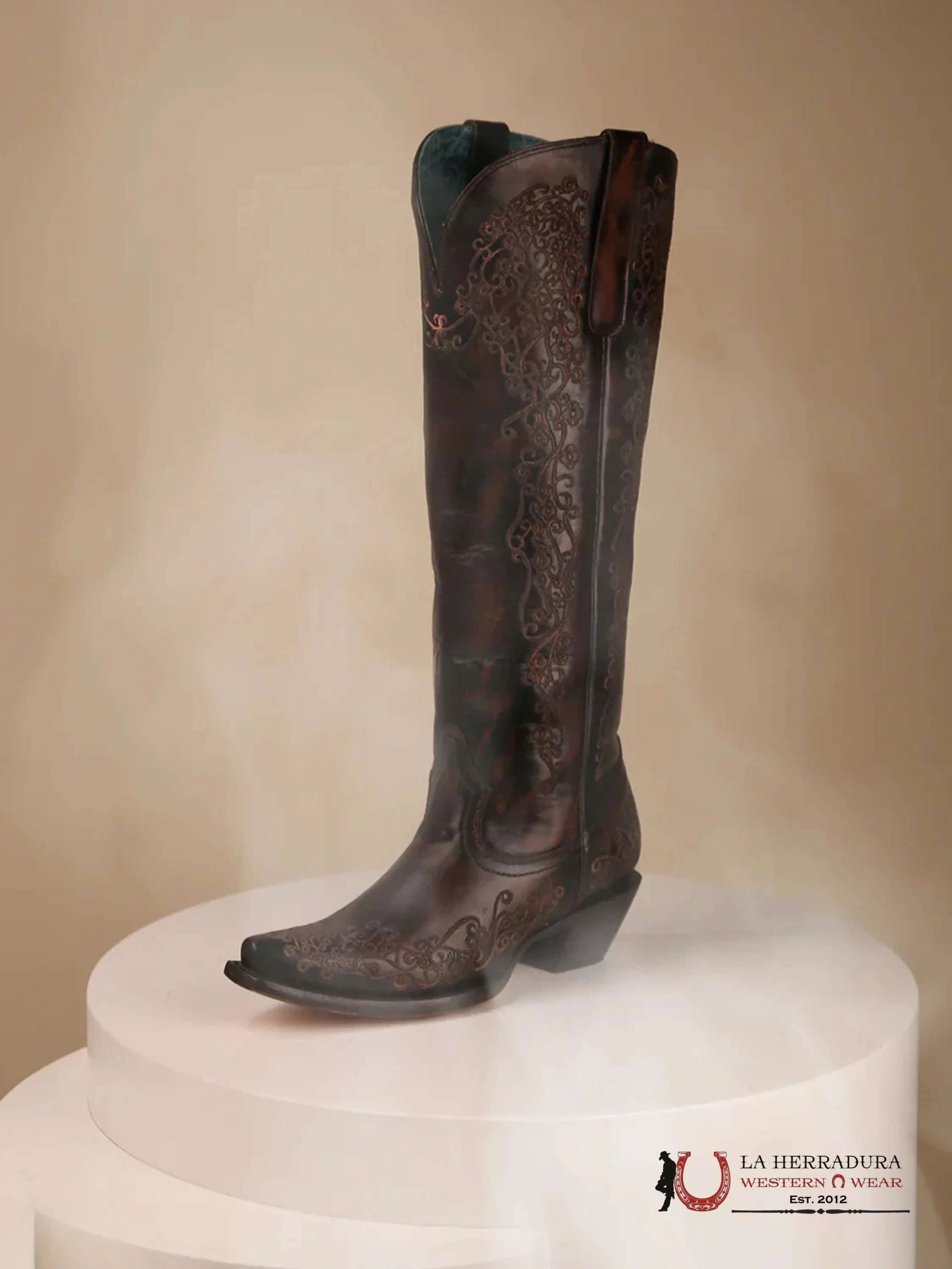CORRAL TALL BOOT BLACK/HONEY FLORAL EMBROIDERY POINT TOE -A4789 BOTAS MUJERES