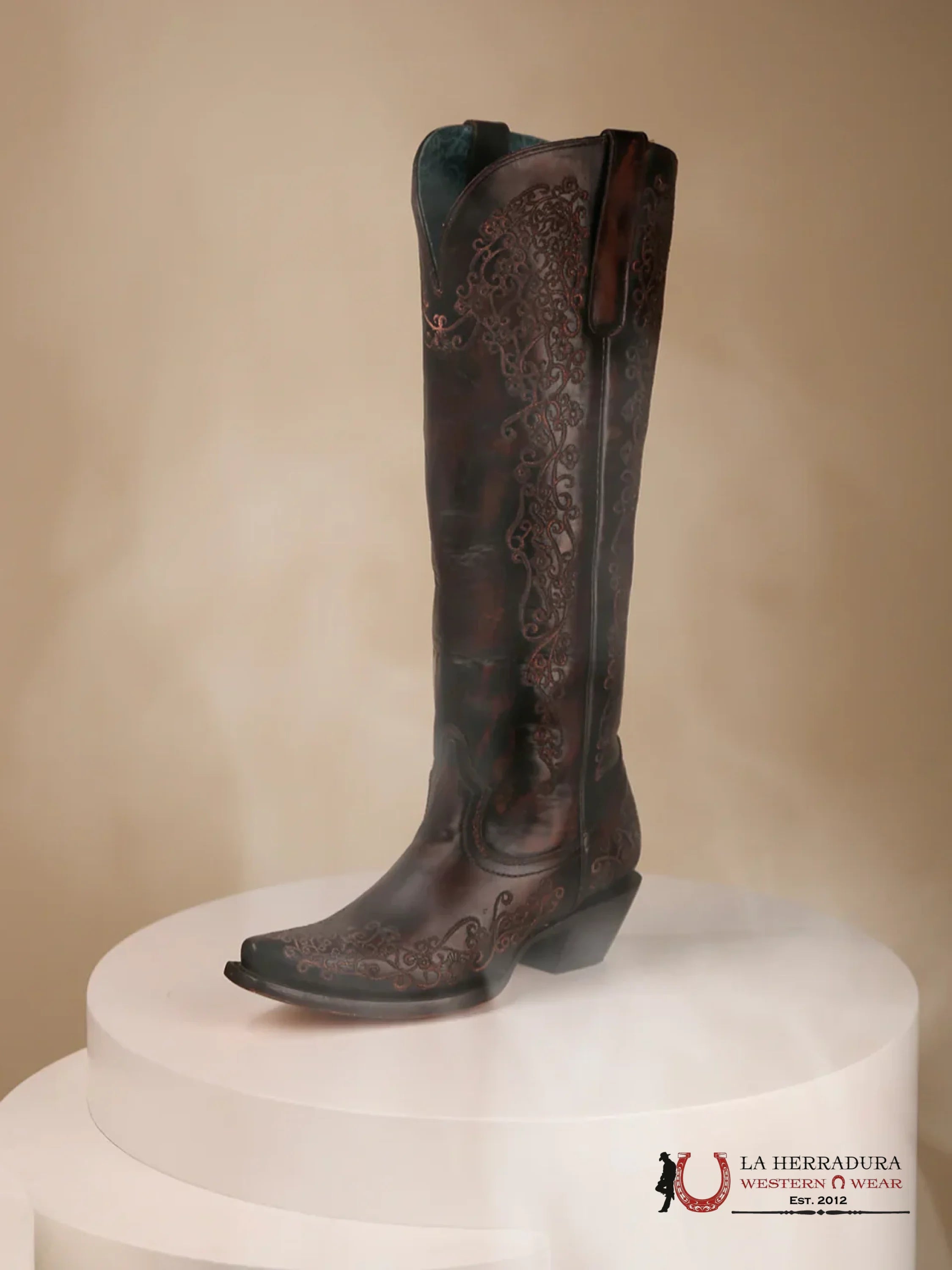 CORRAL TALL BOOT BLACK/HONEY FLORAL EMBROIDERY POINT TOE -A4789 BOTAS MUJERES