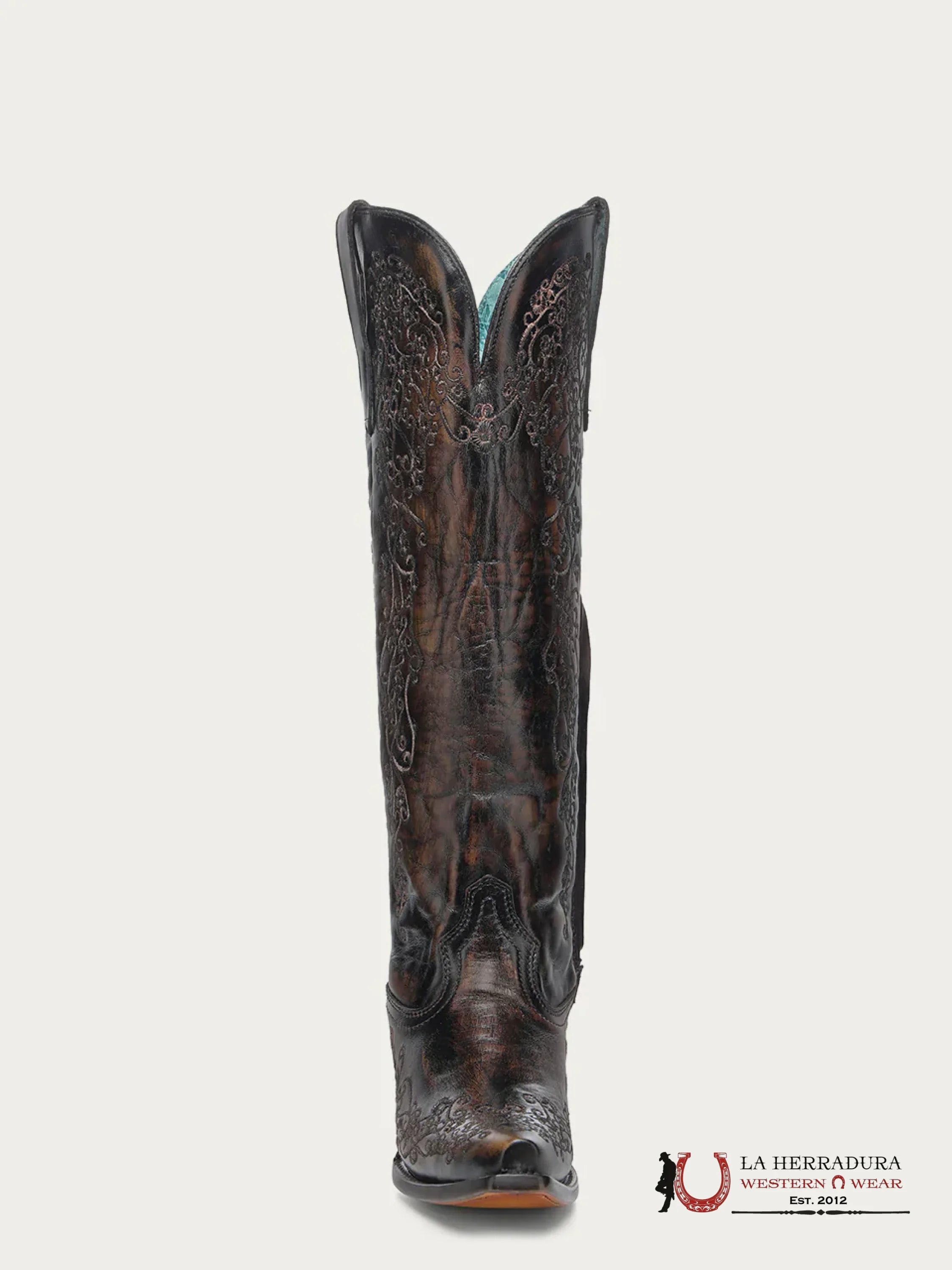 CORRAL TALL BOOT BLACK/HONEY FLORAL EMBROIDERY POINT TOE -A4789 BOTAS MUJERES