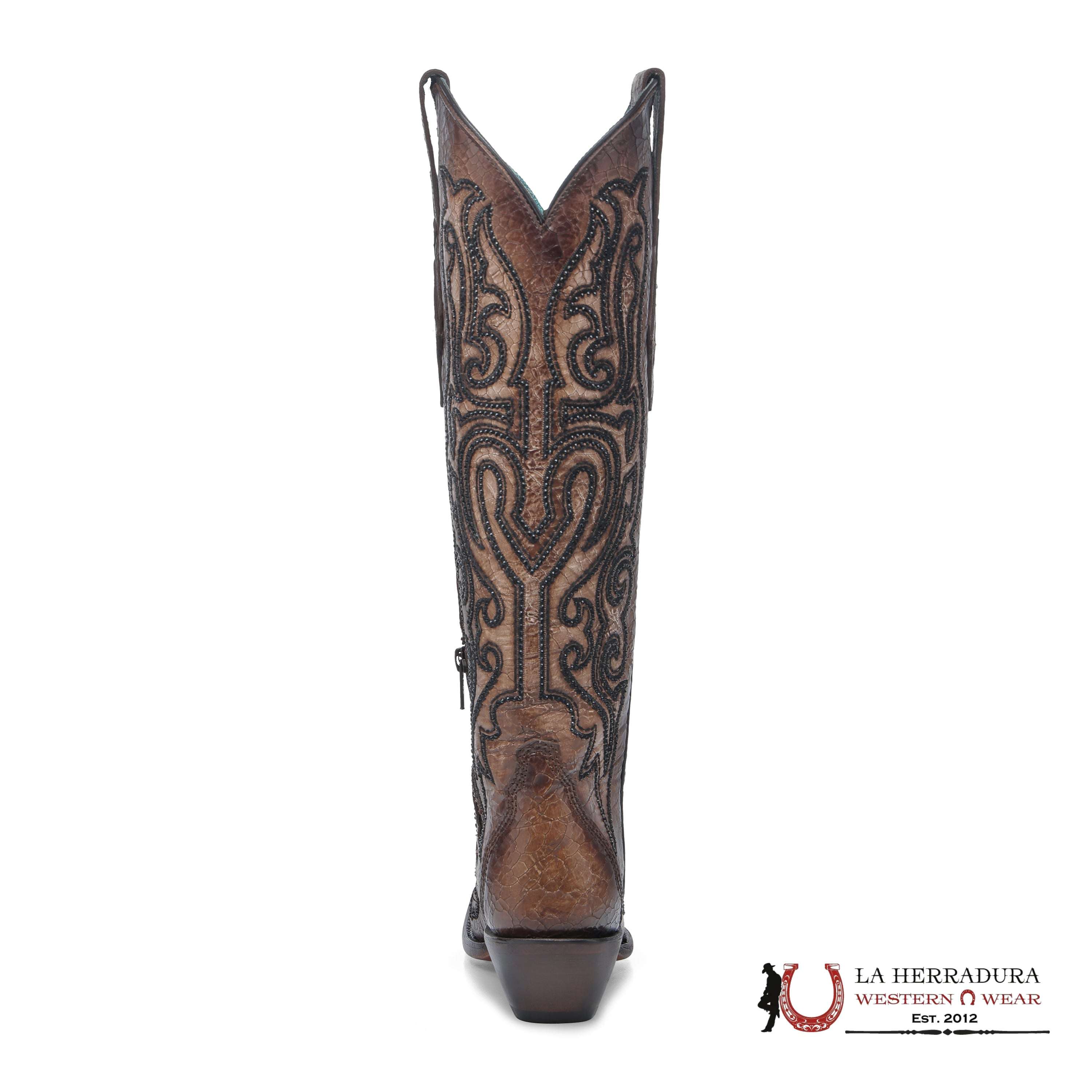 CORRAL TALL BOOT LD TOBACO CRACKLED & EMBROIDERY & CRYSTALS POINT TOE A4773 BOTAS MUJERES