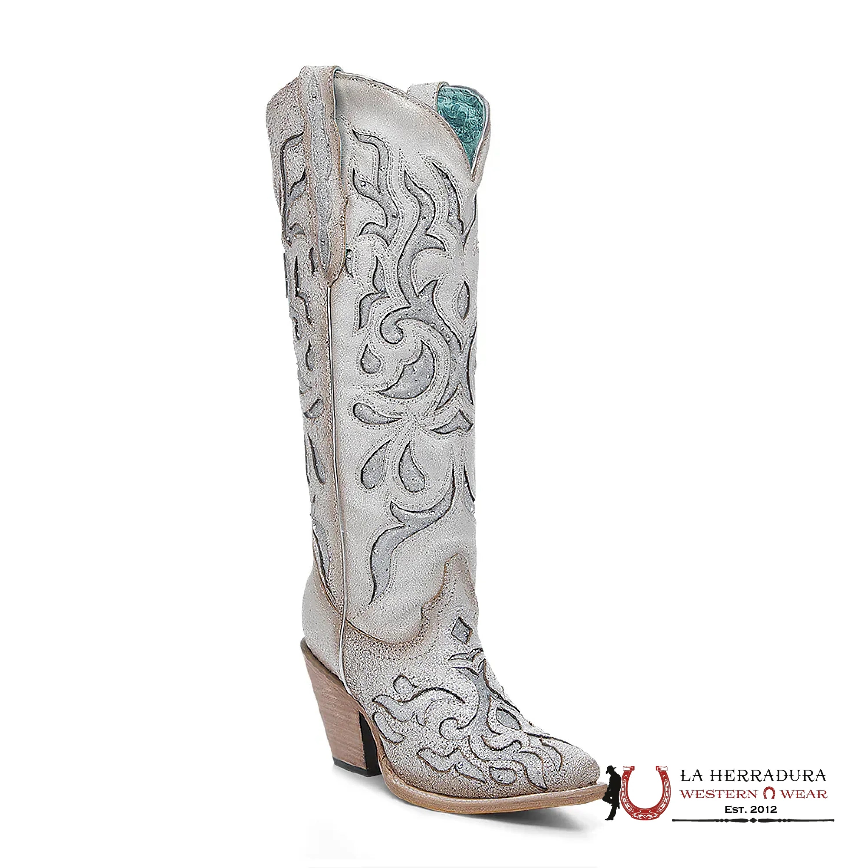 CORRAL TALL BOOT WHITE EMBROIDERY GLITTER & CRYSTAL INLAY POINT TOE -Z5352 BOTAS MUJERES