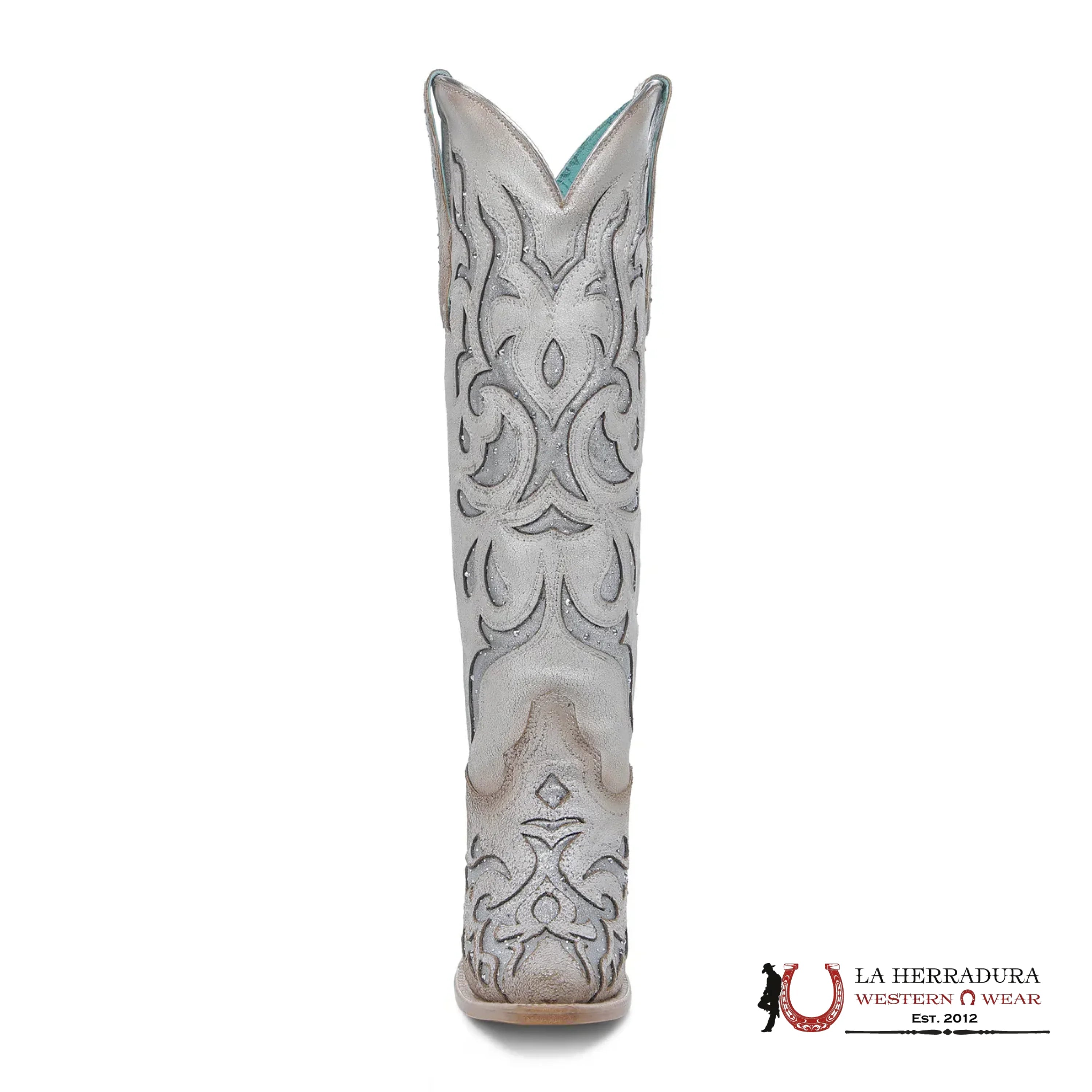CORRAL TALL BOOT WHITE EMBROIDERY GLITTER & CRYSTAL INLAY POINT TOE -Z5352 BOTAS MUJERES