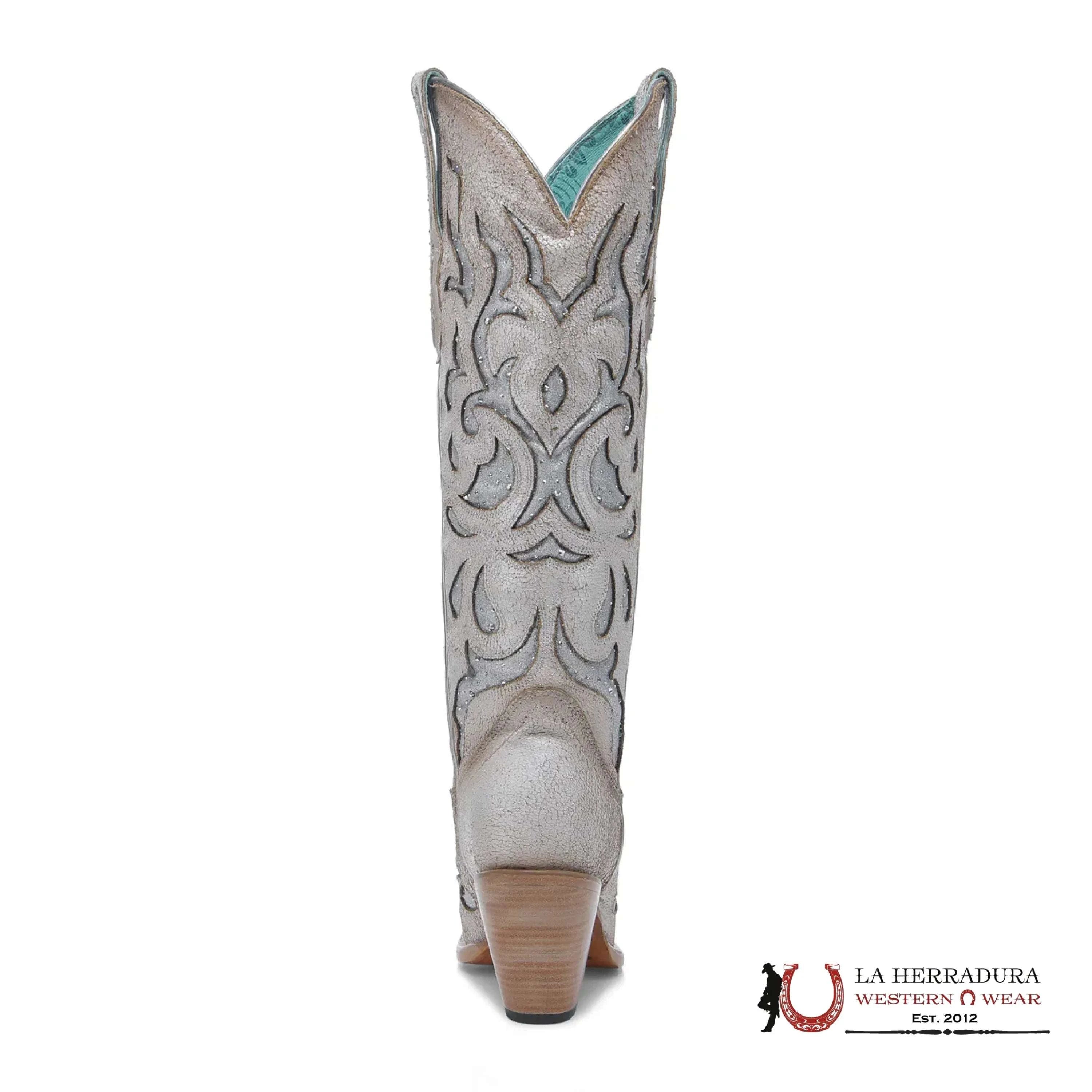 CORRAL TALL BOOT WHITE EMBROIDERY GLITTER & CRYSTAL INLAY POINT TOE -Z5352 BOTAS MUJERES