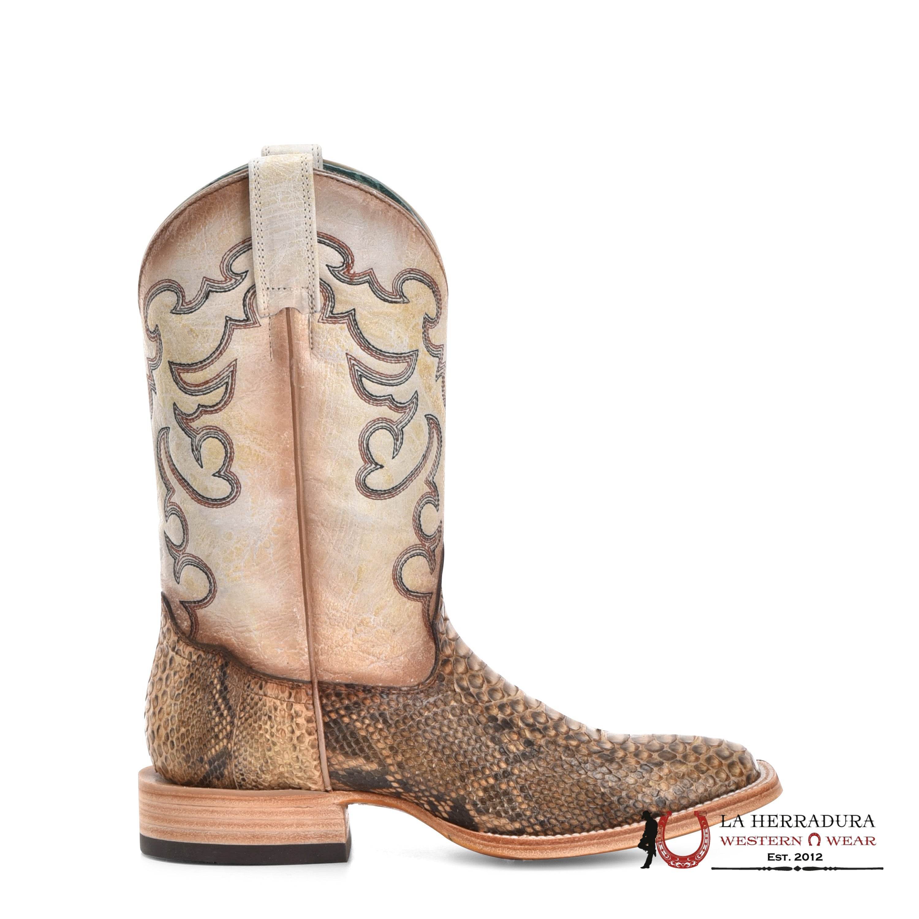 CORRAL TAUPE BEIGE PYTHON EMBROIDERY WIDE SQ. TOE B5007 BOTAS MUJERES