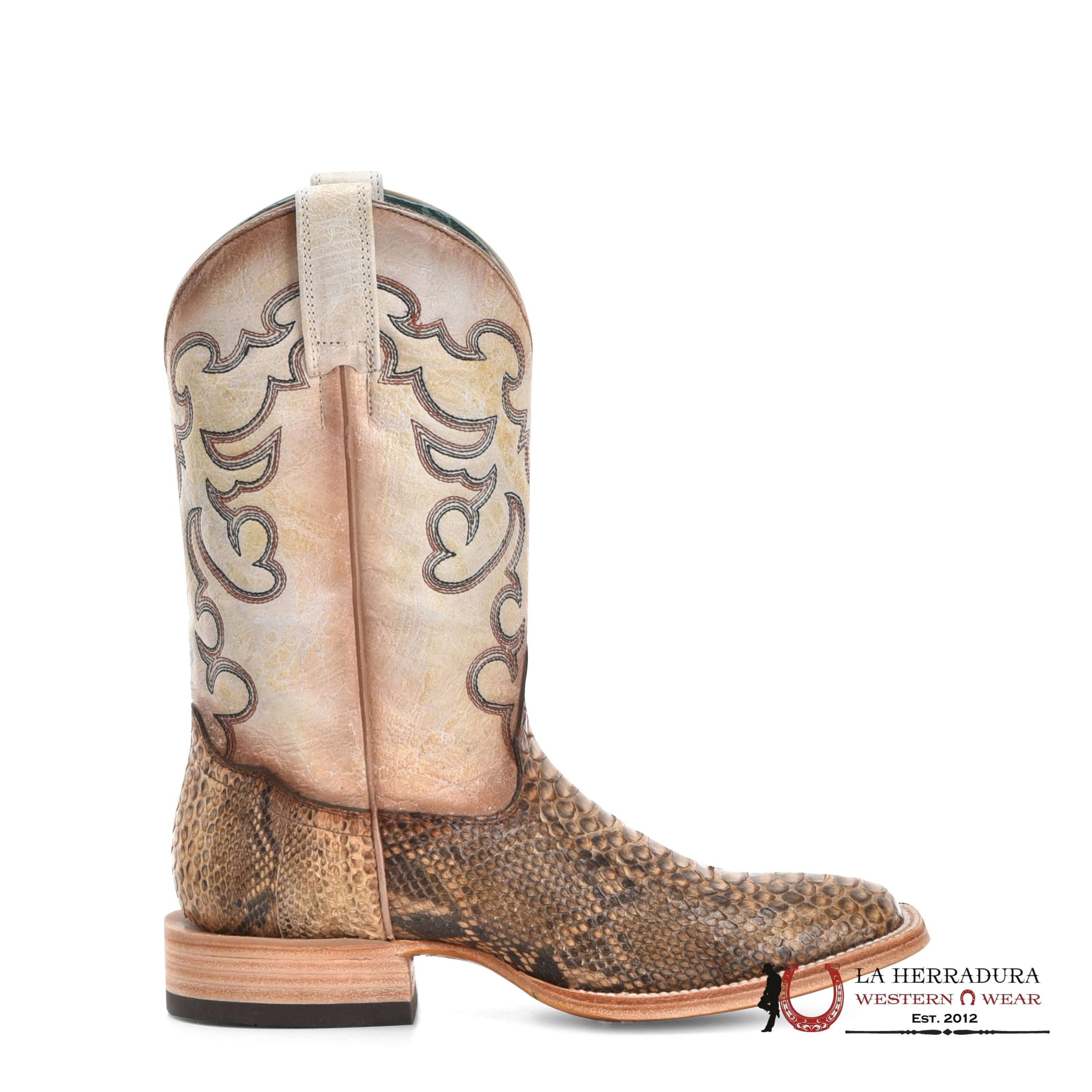 CORRAL TAUPE BEIGE PYTHON EMBROIDERY WIDE SQ. TOE B5007 BOTAS MUJERES