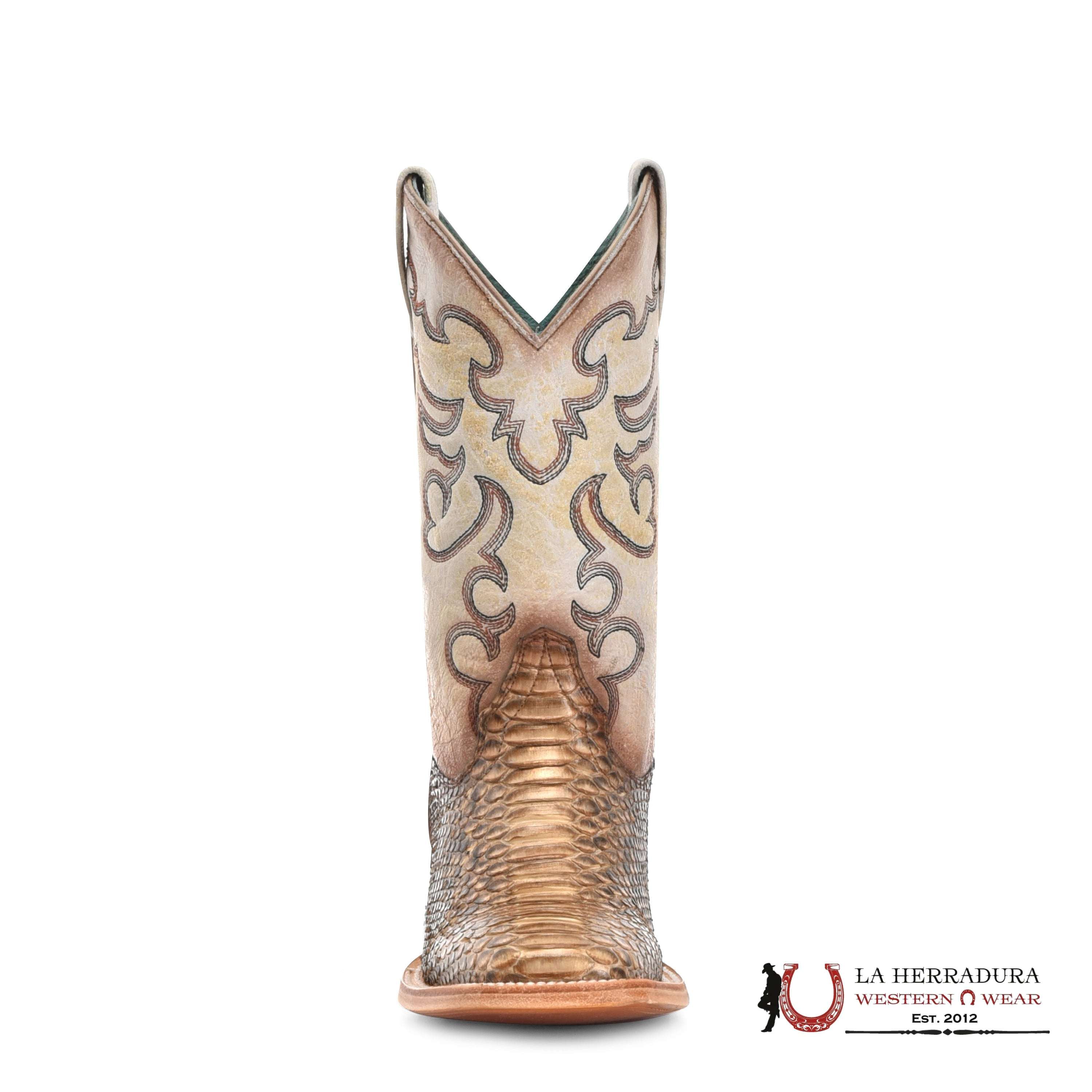 CORRAL TAUPE BEIGE PYTHON EMBROIDERY WIDE SQ. TOE B5007 BOTAS MUJERES