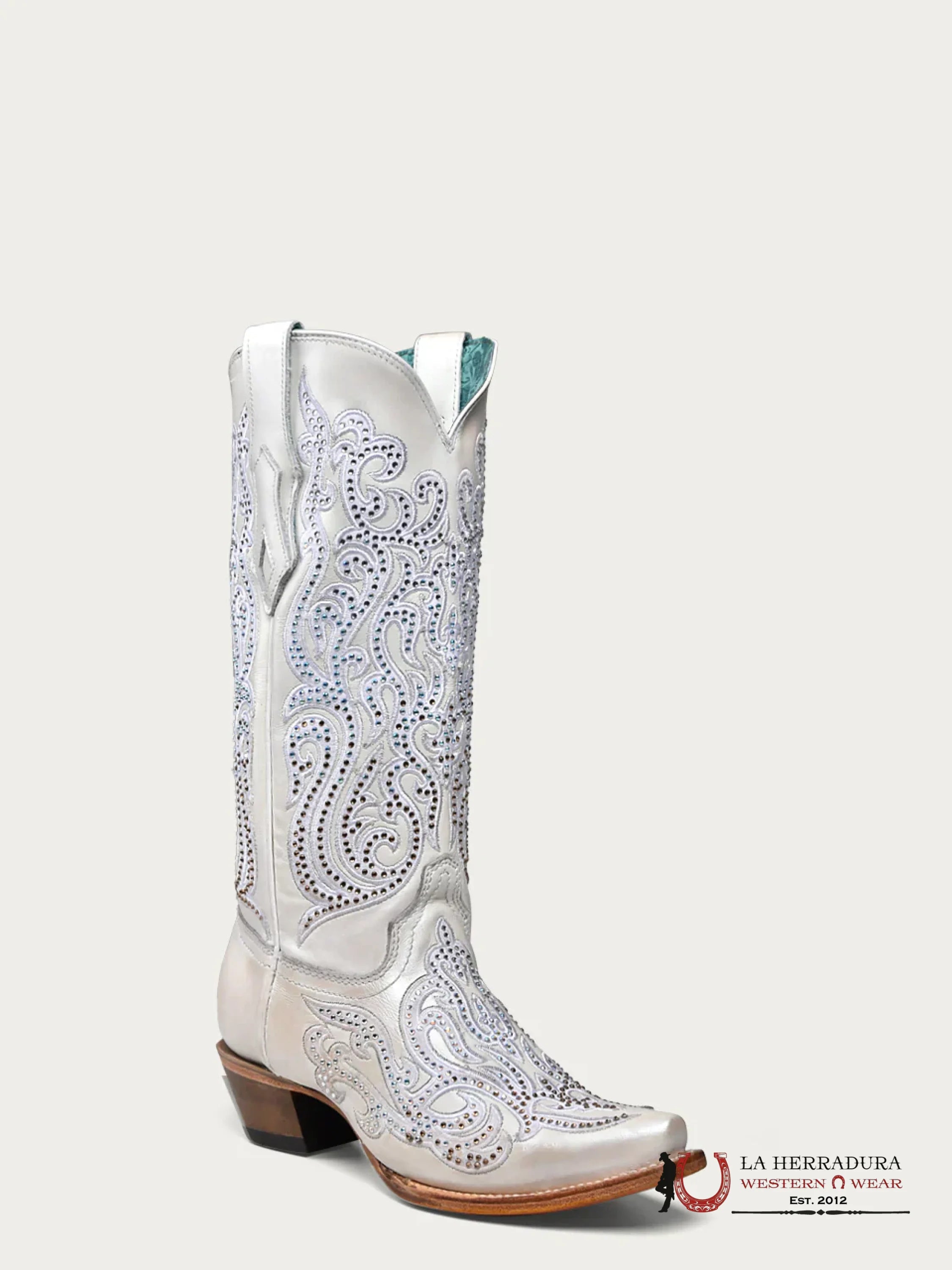 CORRAL WHITE EMBROIDERY & CRYSTALS POINT TOE -C4103 BOTAS MUJERES