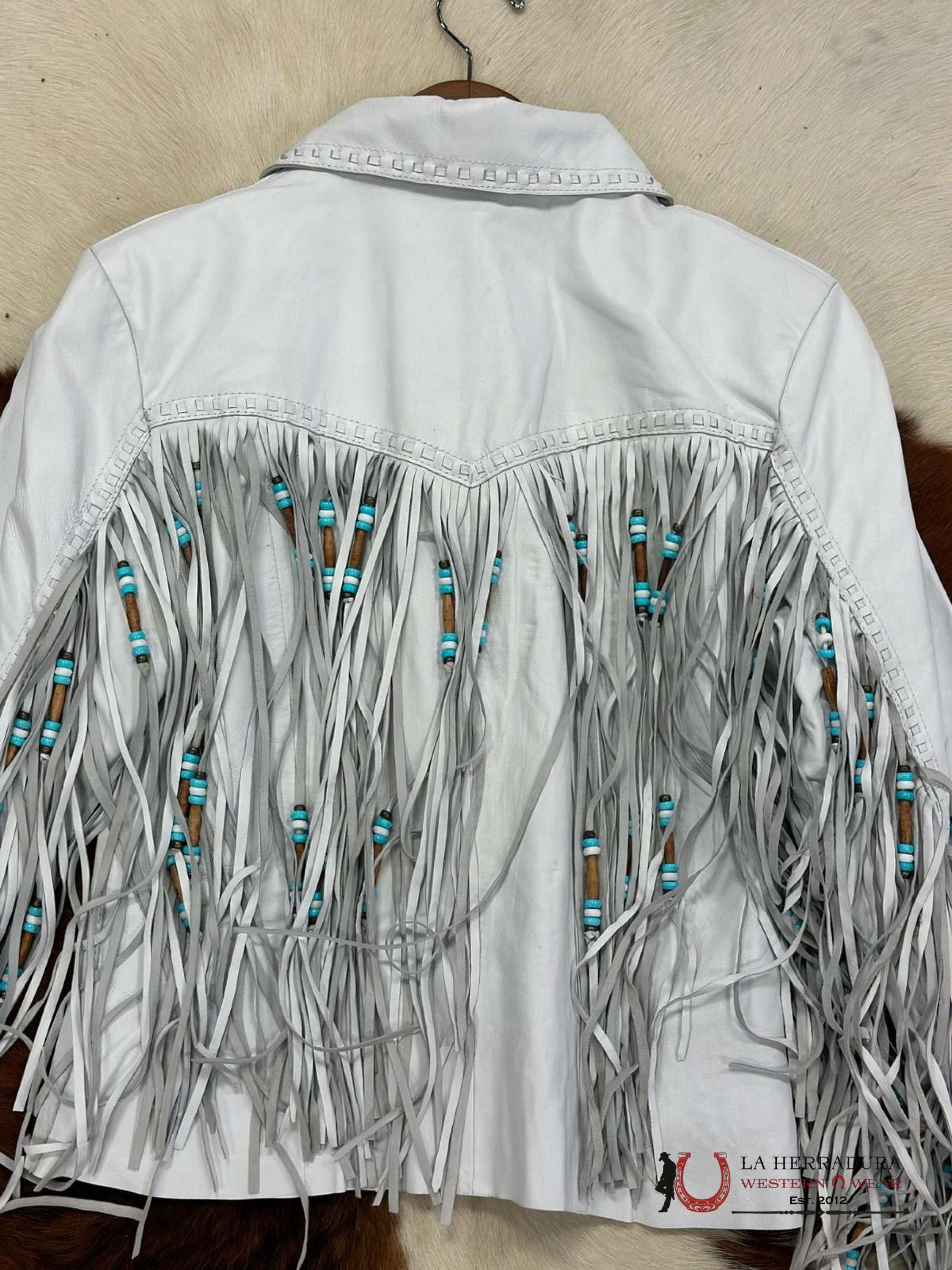 Cripple Creek Jacket Genuine Leather White On Fringe Ropa Mujeres