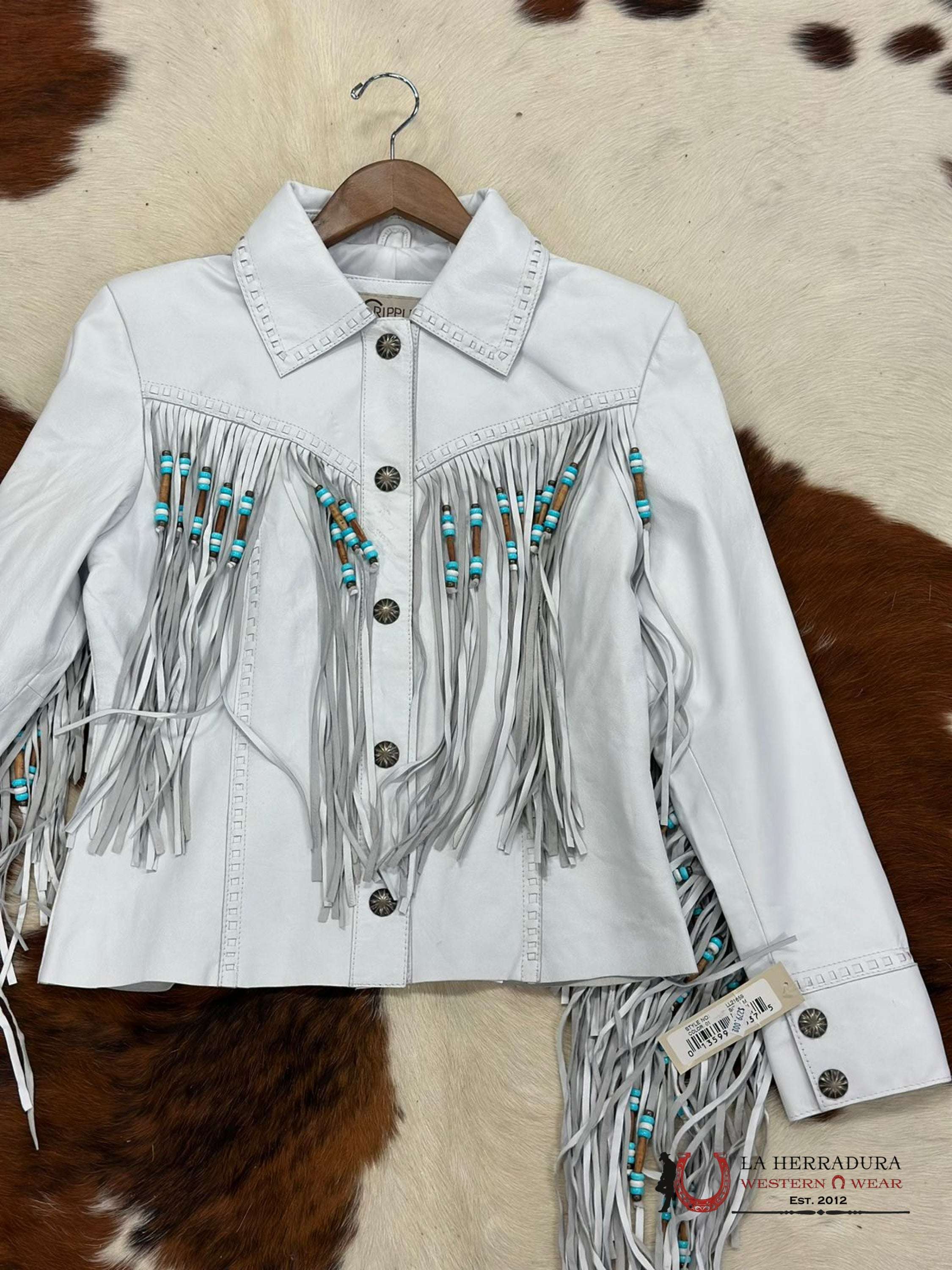 Cripple Creek Jacket Genuine Leather White On Fringe Ropa Mujeres