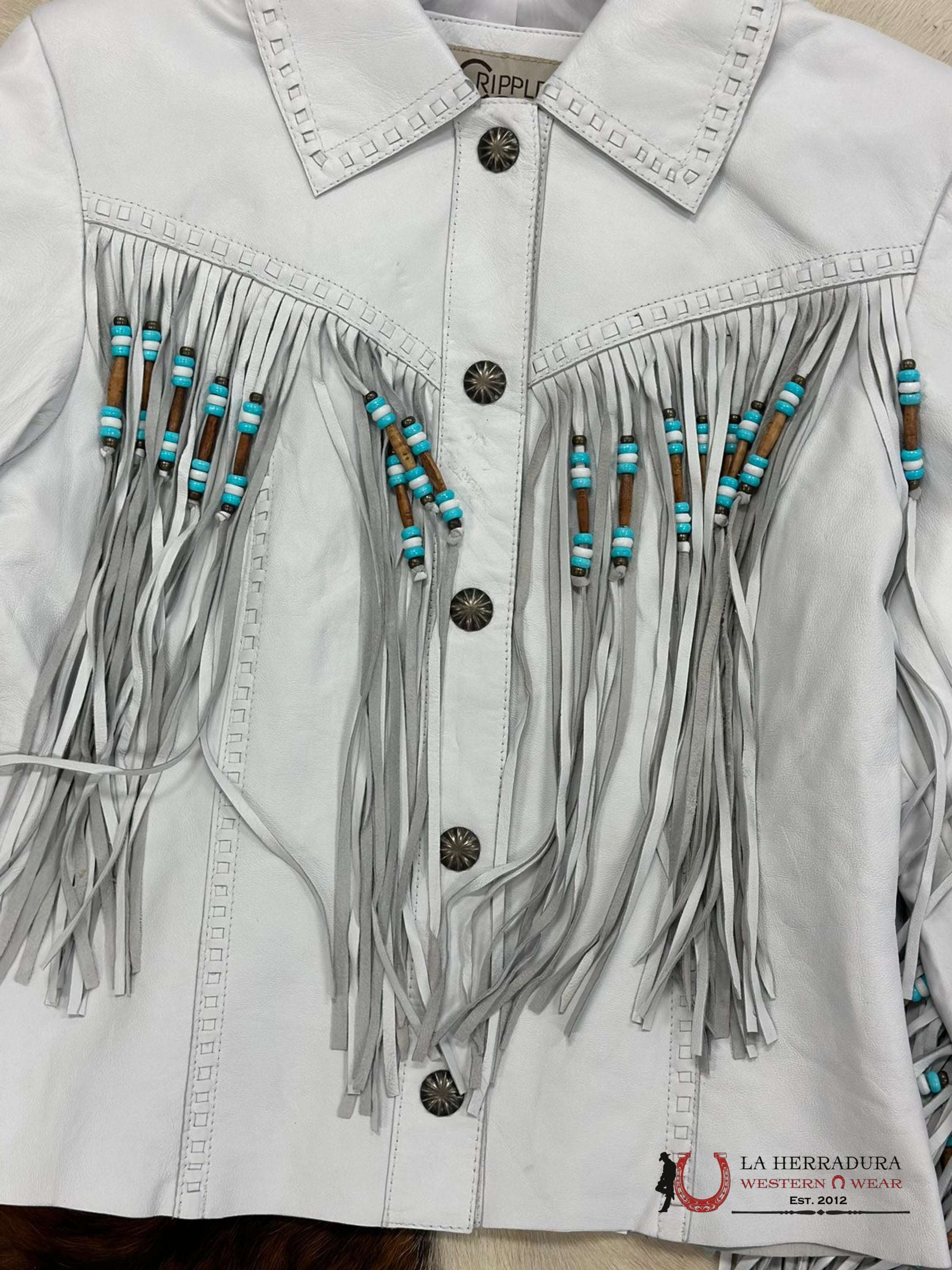 Cripple Creek Jacket Genuine Leather White On Fringe Ropa Mujeres