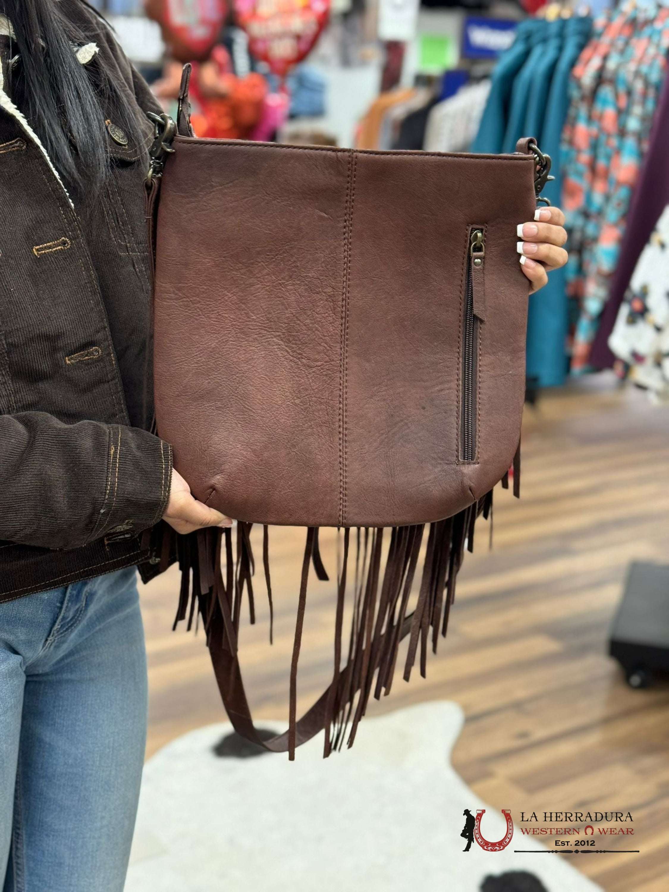 Crossbody Bag Dark Brown Hand Tooled Black & White Cowhide Fringe