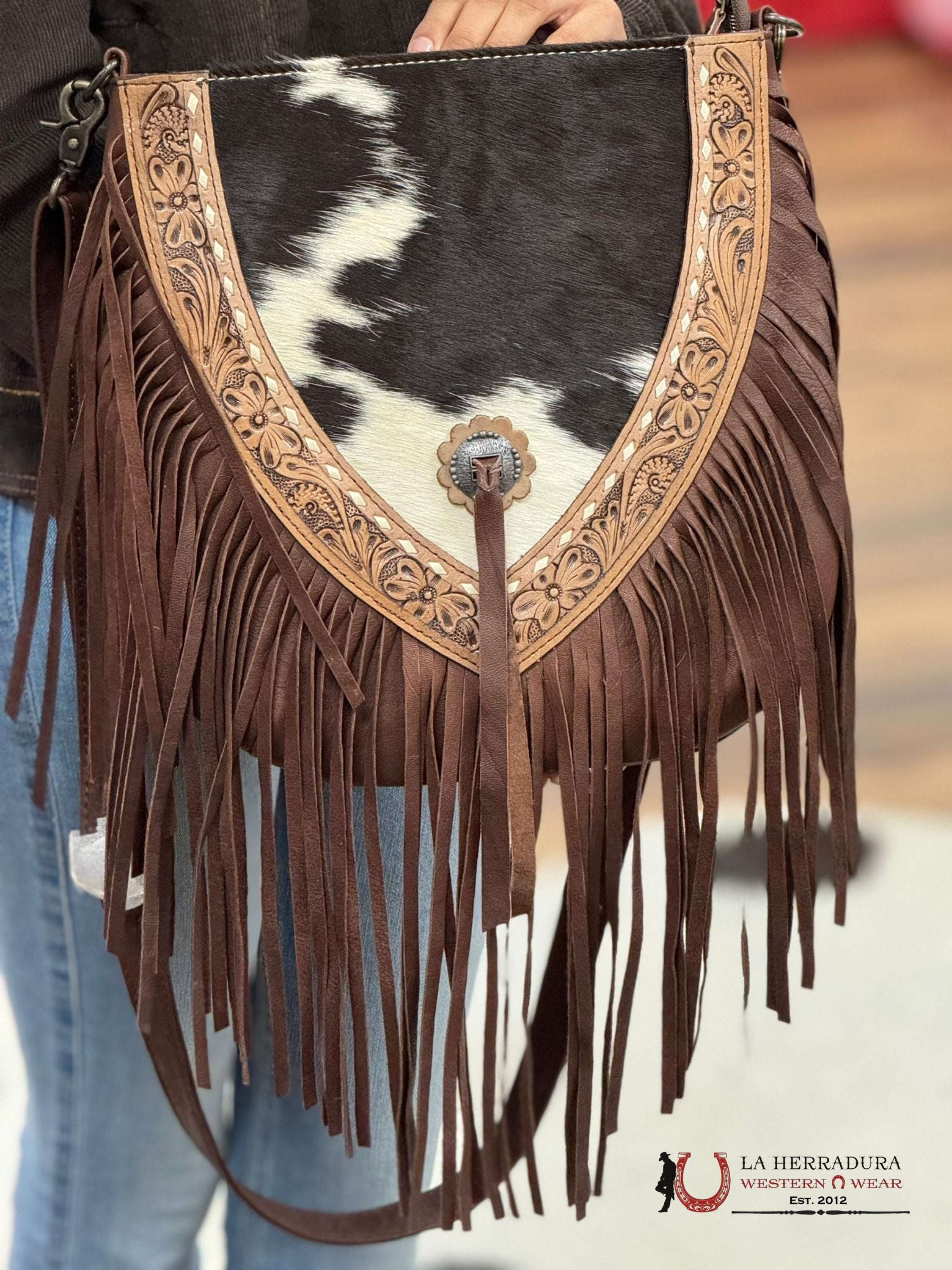 Crossbody Bag Dark Brown Hand Tooled Black & White Cowhide Fringe