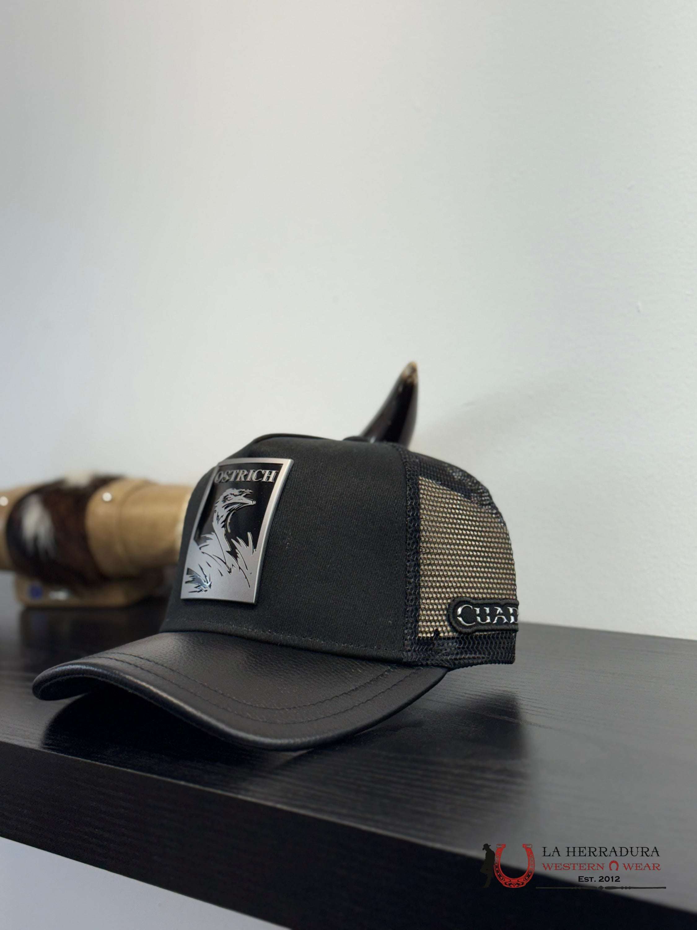 CUADRA BLACK OSTRICH METAL PATCH LEATHER CAP - CC116 CAPS MENS GORRAS HOMBRES