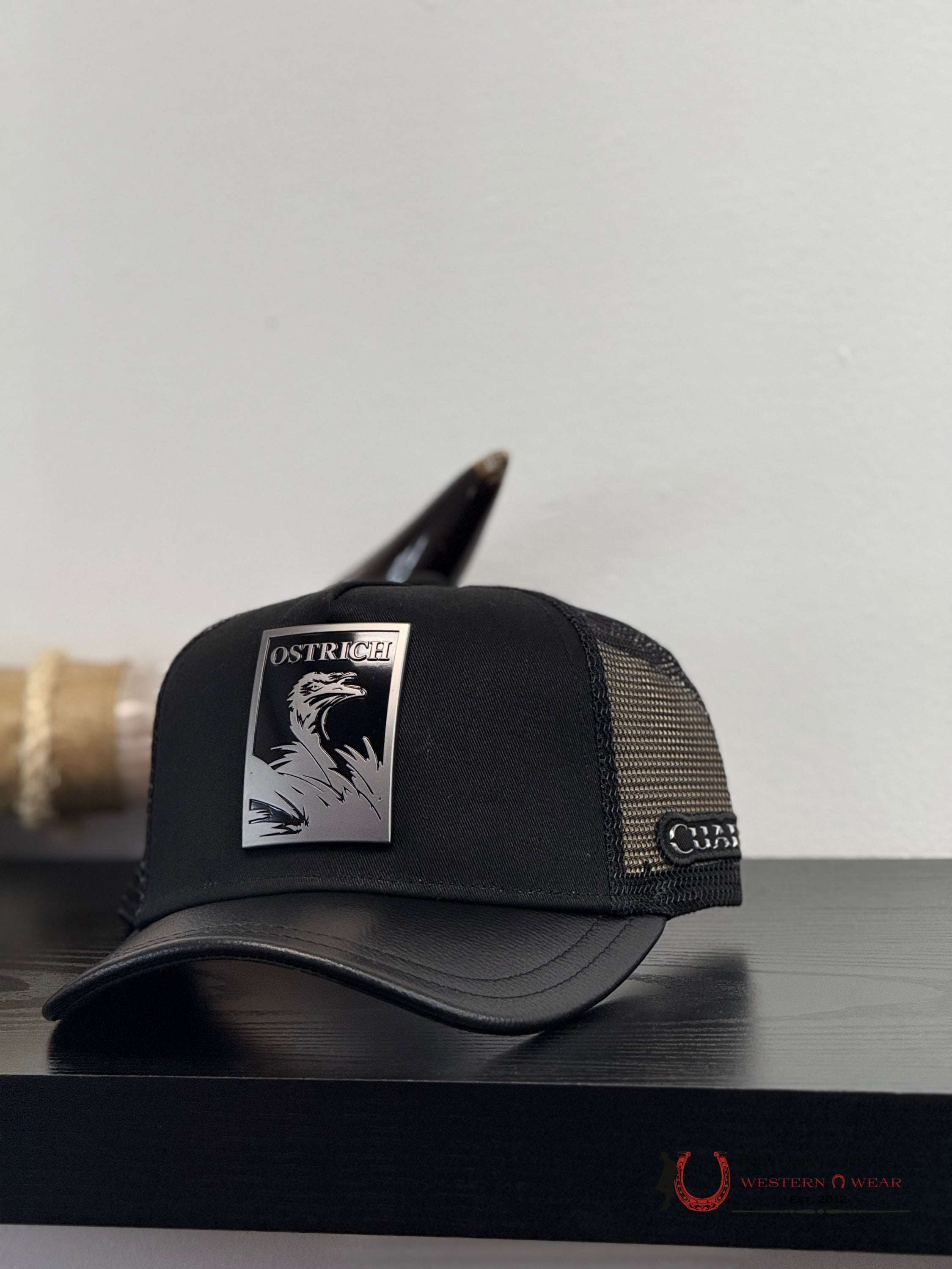 CUADRA BLACK OSTRICH METAL PATCH LEATHER CAP - CC116 CAPS MENS GORRAS HOMBRES
