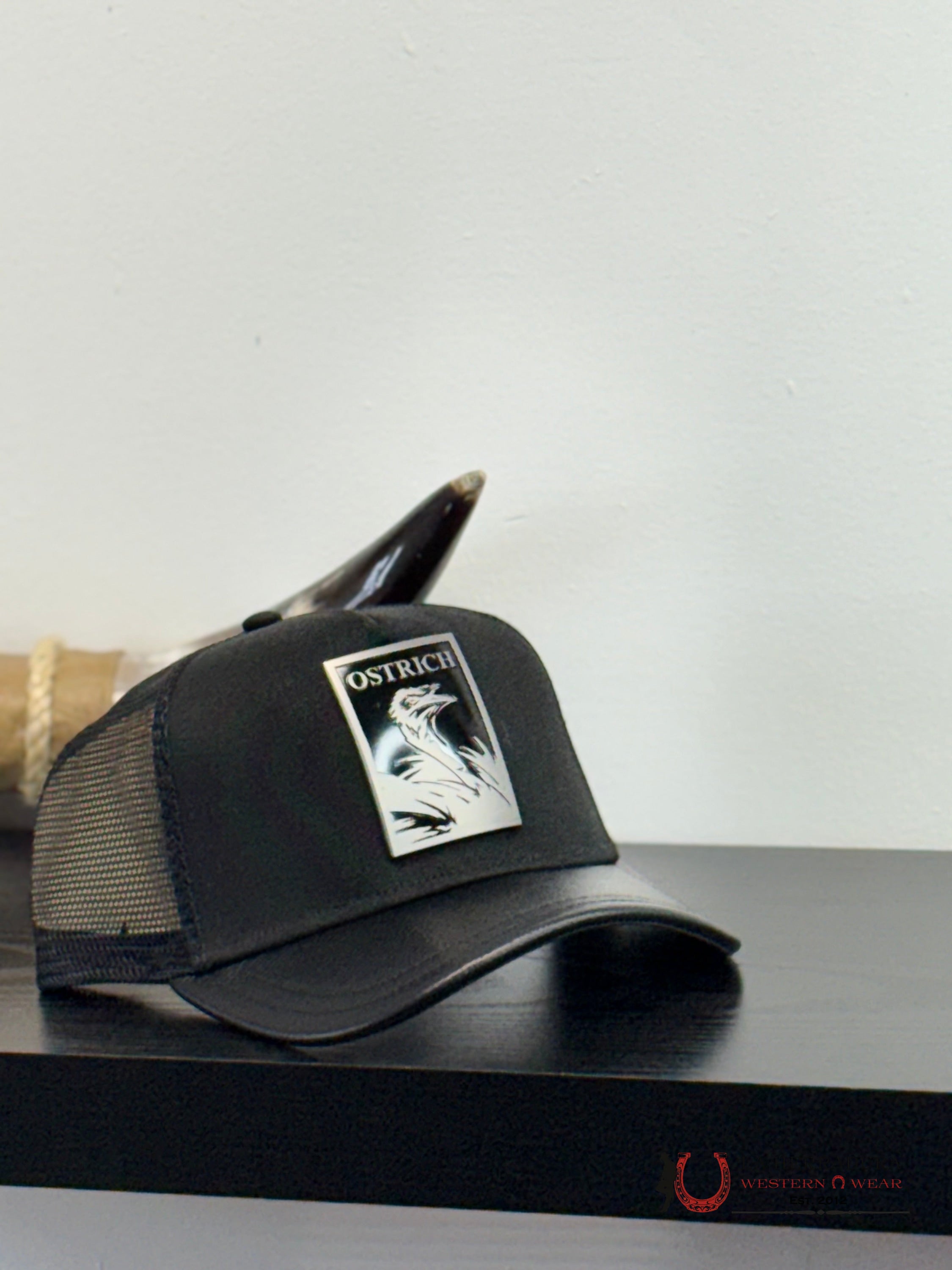 CUADRA BLACK OSTRICH METAL PATCH LEATHER CAP - CC116 CAPS MENS GORRAS HOMBRES