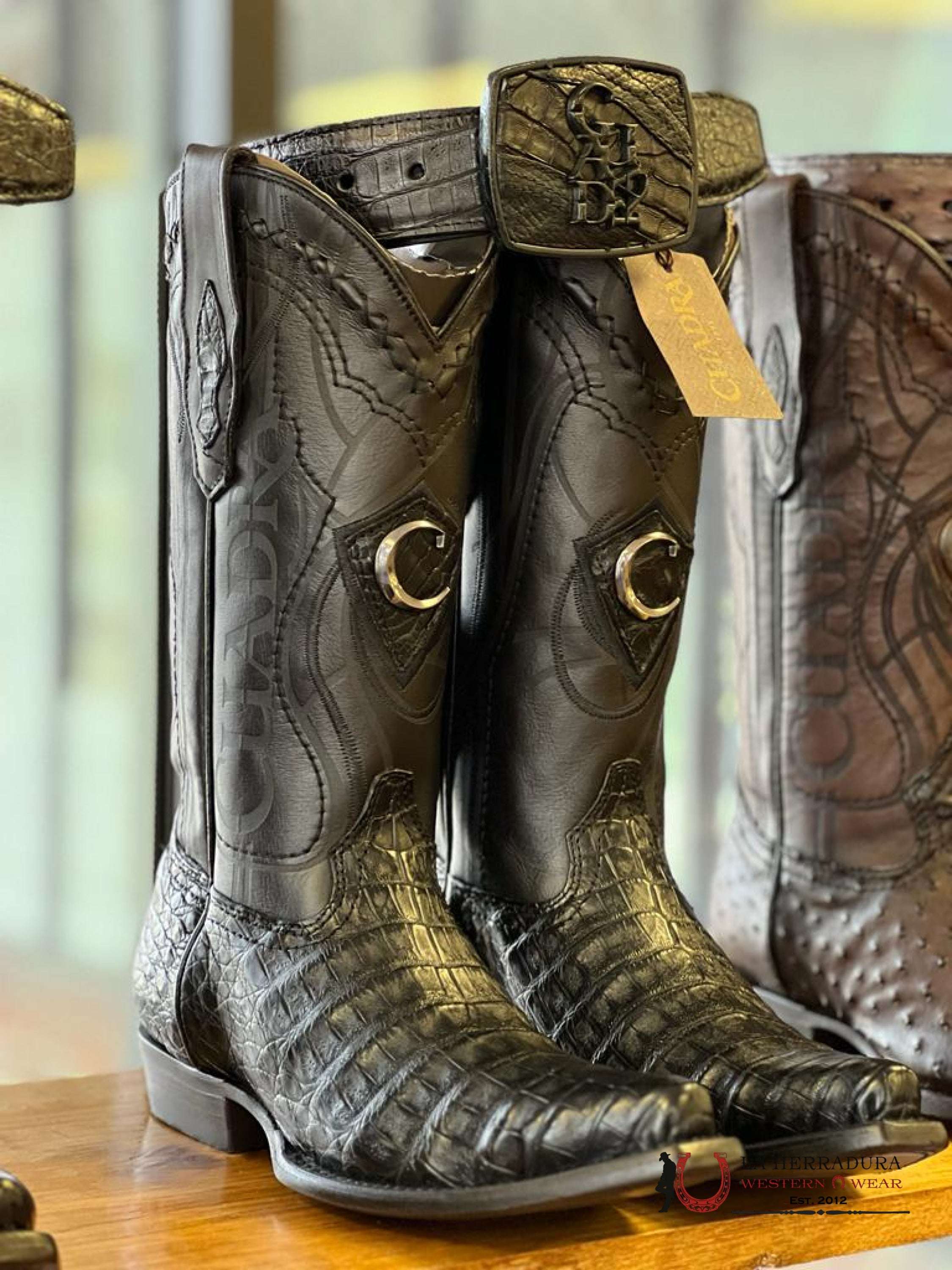 Cuadra Boot Fuscus Belly Caiman Laser Black Plunge Point Toe 2B1Ofy Botas Hombres