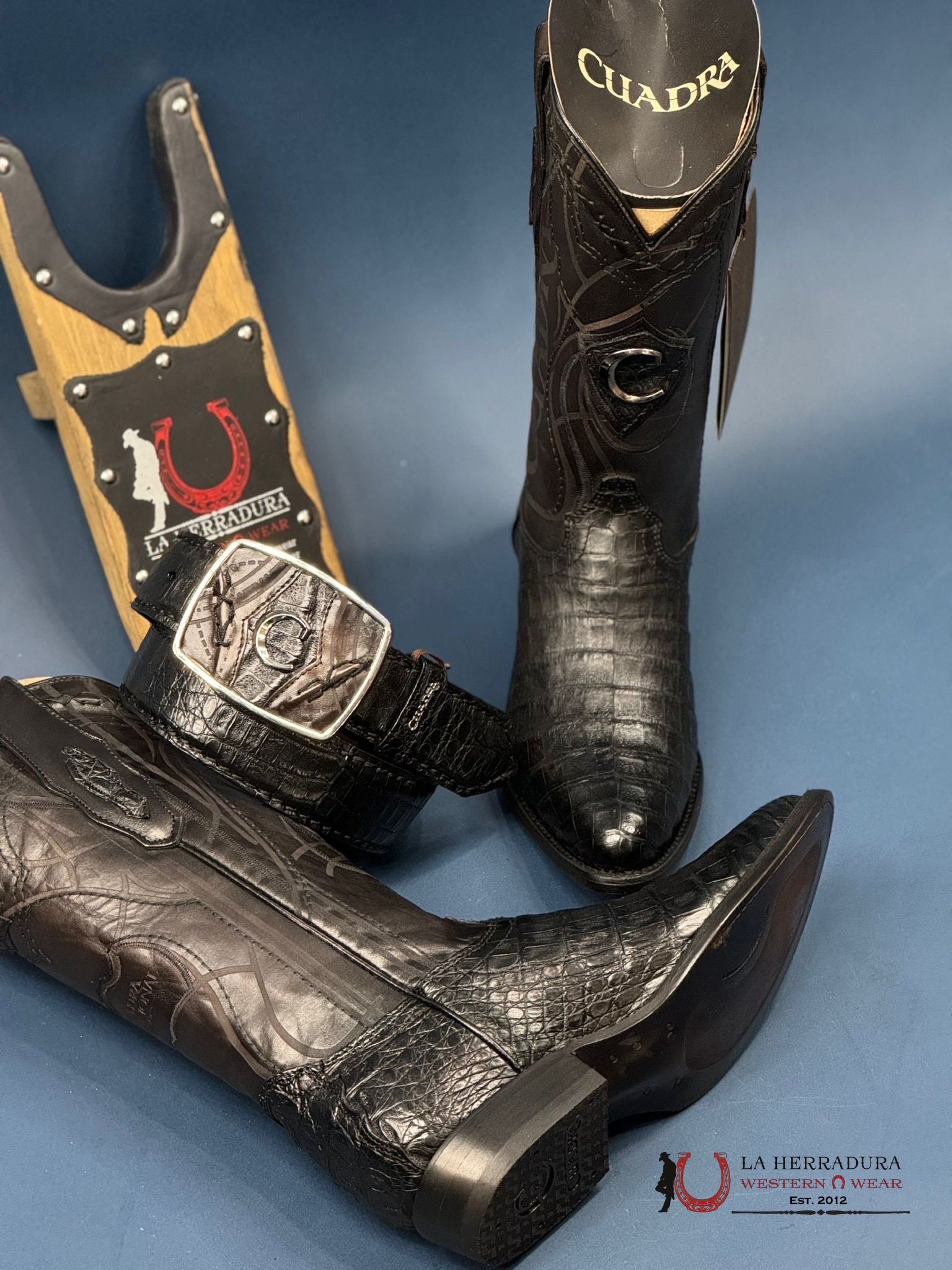 Cuadra Boot Fuscus Belly Caimán Negro Black Laser Round Toe Botas Hombres