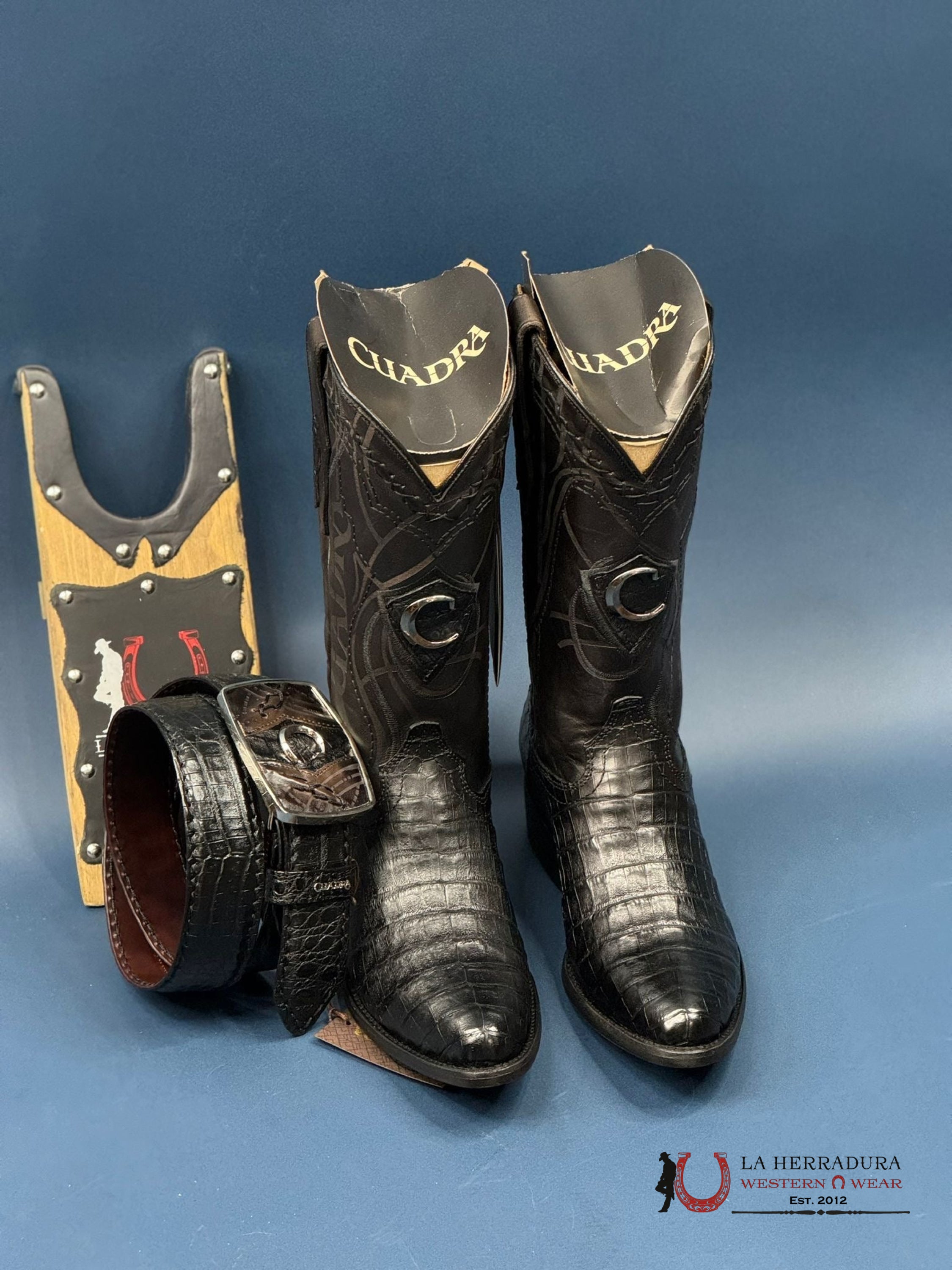 Cuadra Boot Fuscus Belly Caimán Negro Black Laser Round Toe Botas Hombres