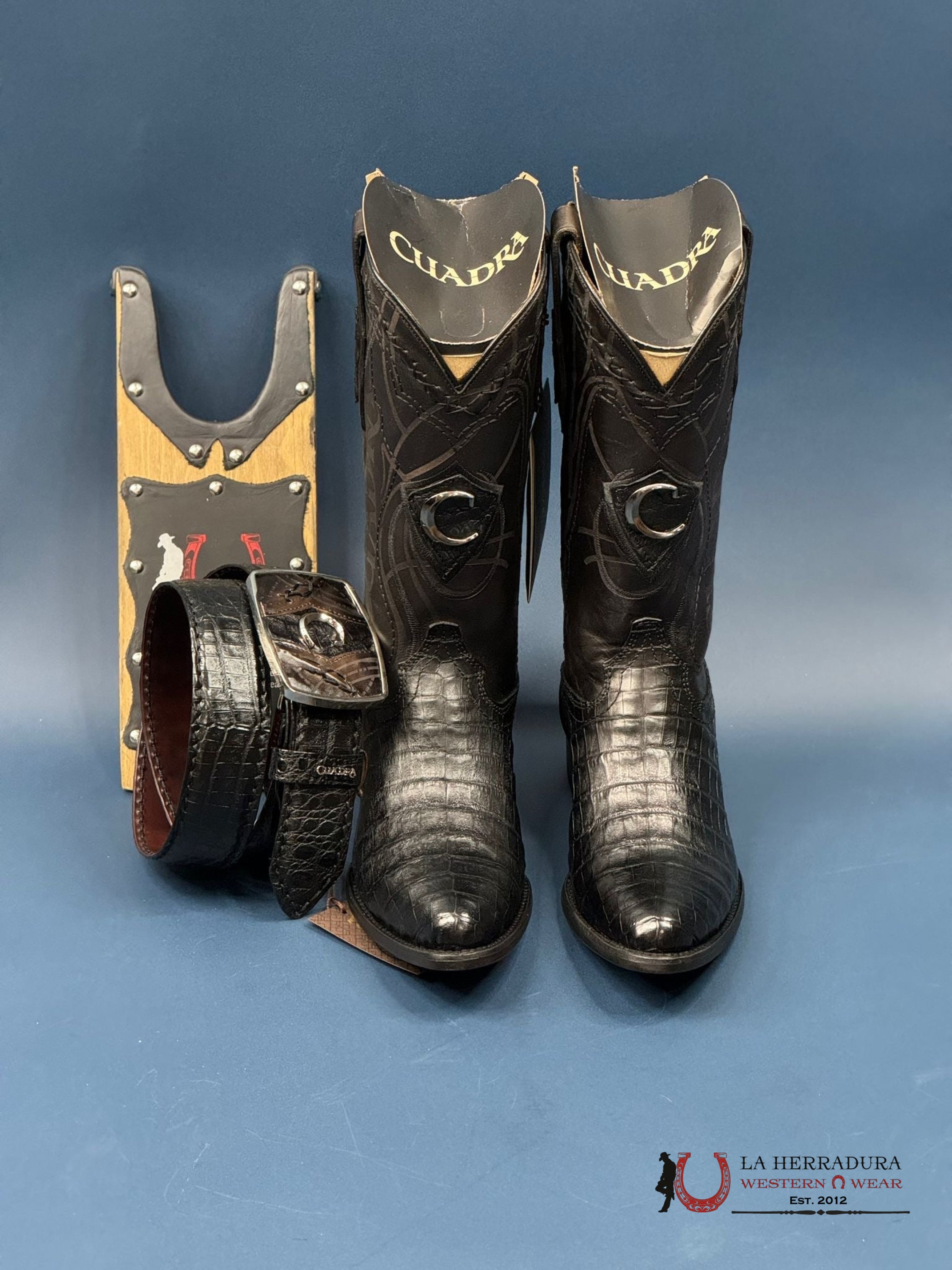 Cuadra Boot Fuscus Belly Caimán Negro Black Laser Round Toe Botas Hombres