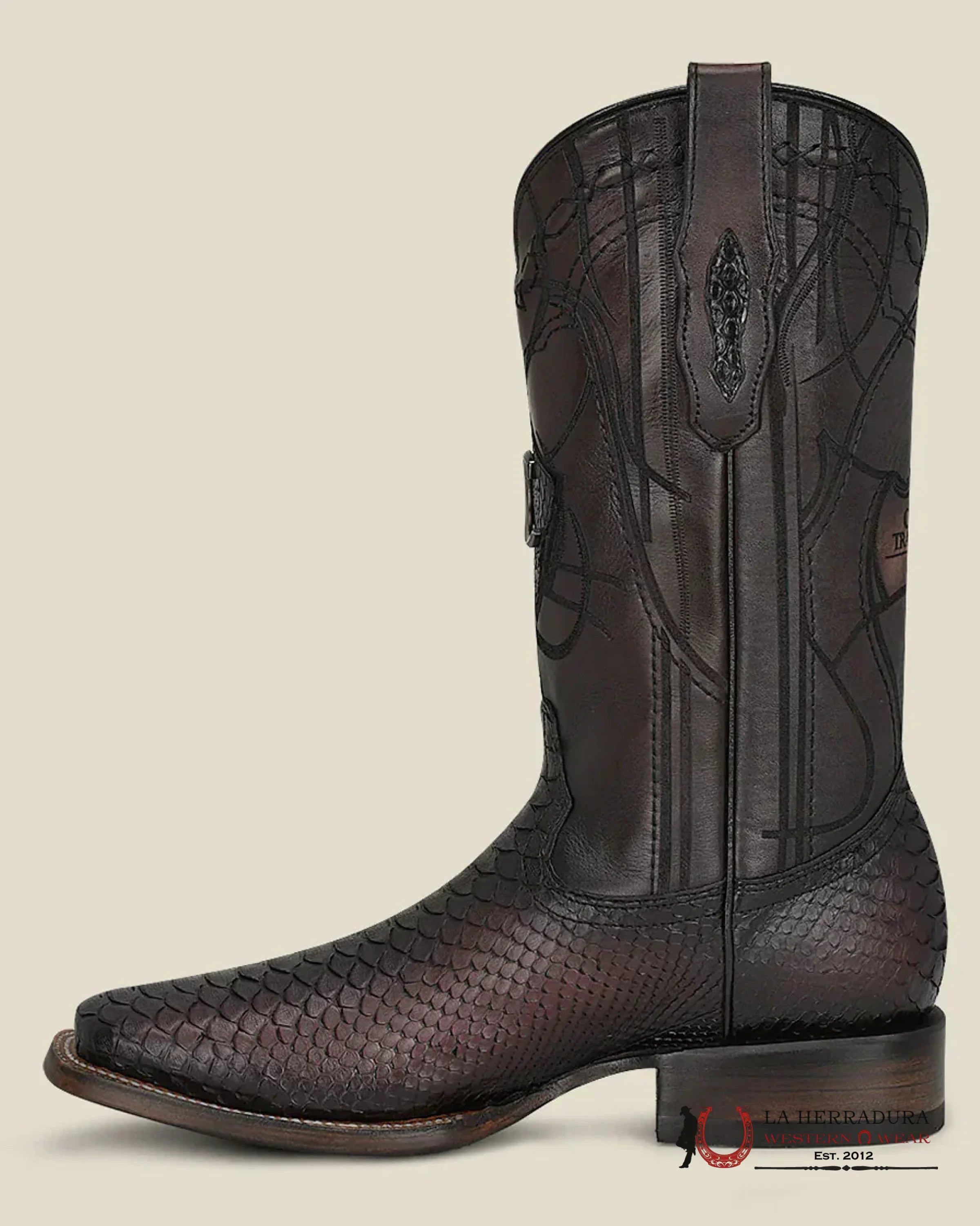 CUADRA BOOT PYTHON LISBOA CHERRY/GUINDA EMBROIDERED & LASER & WOVEN SQUARE TOE BOTAS HOMBRES