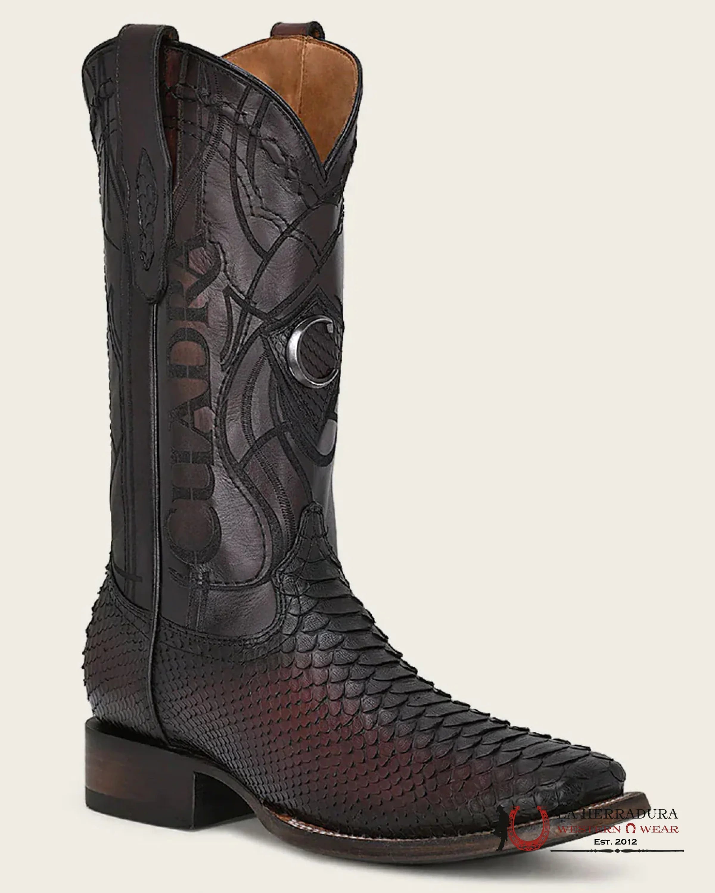 CUADRA BOOT PYTHON LISBOA CHERRY/GUINDA EMBROIDERED & LASER & WOVEN SQUARE TOE BOTAS HOMBRES