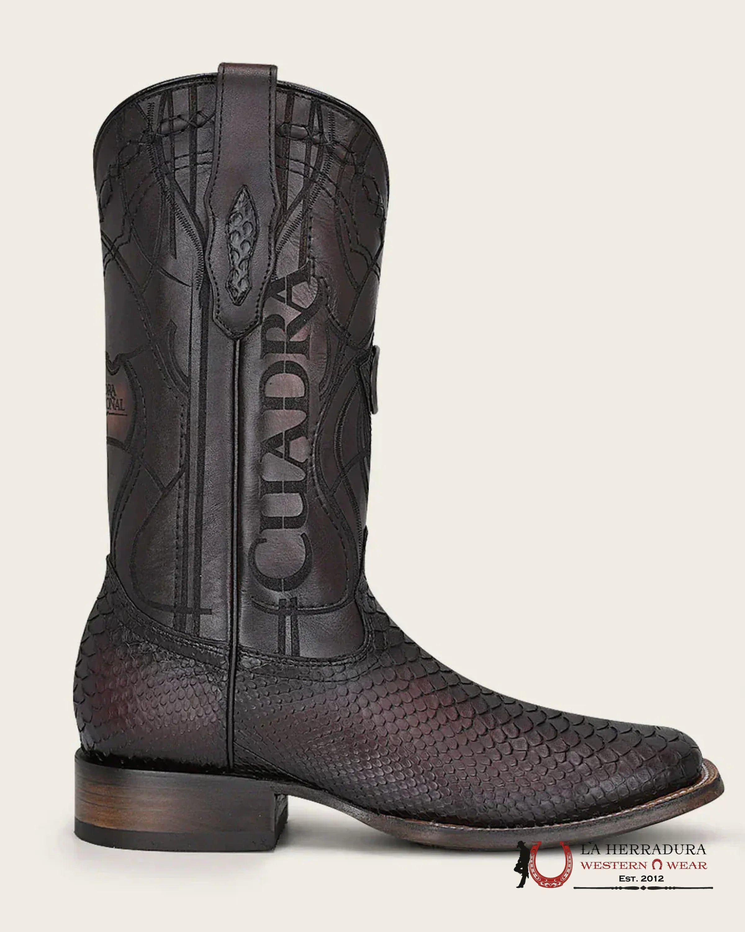 CUADRA BOOT PYTHON LISBOA CHERRY/GUINDA EMBROIDERED & LASER & WOVEN SQUARE TOE BOTAS HOMBRES