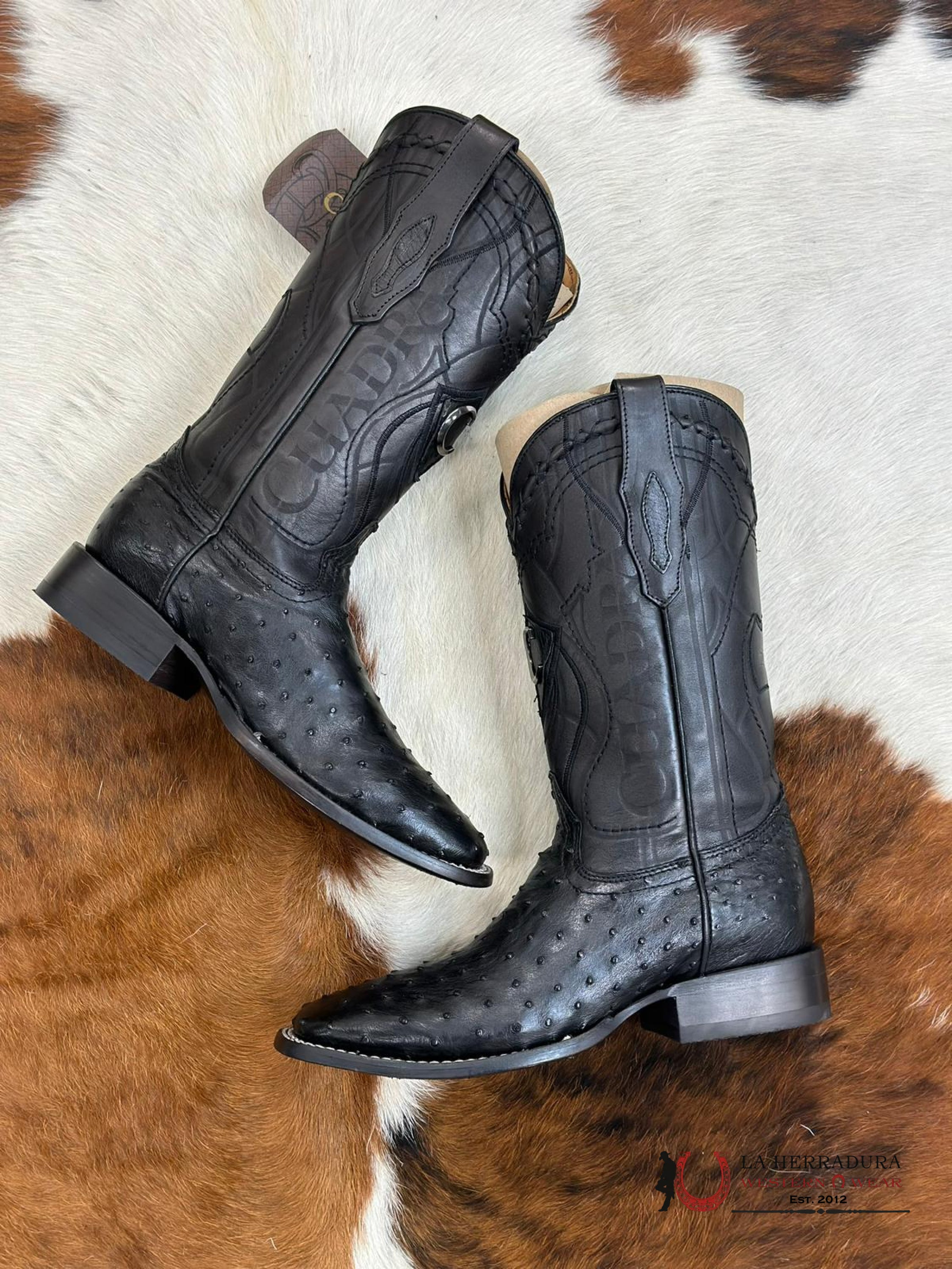 Cuadra Boots Ostrich Black Laser & Woven Square Toe Botas Hombres