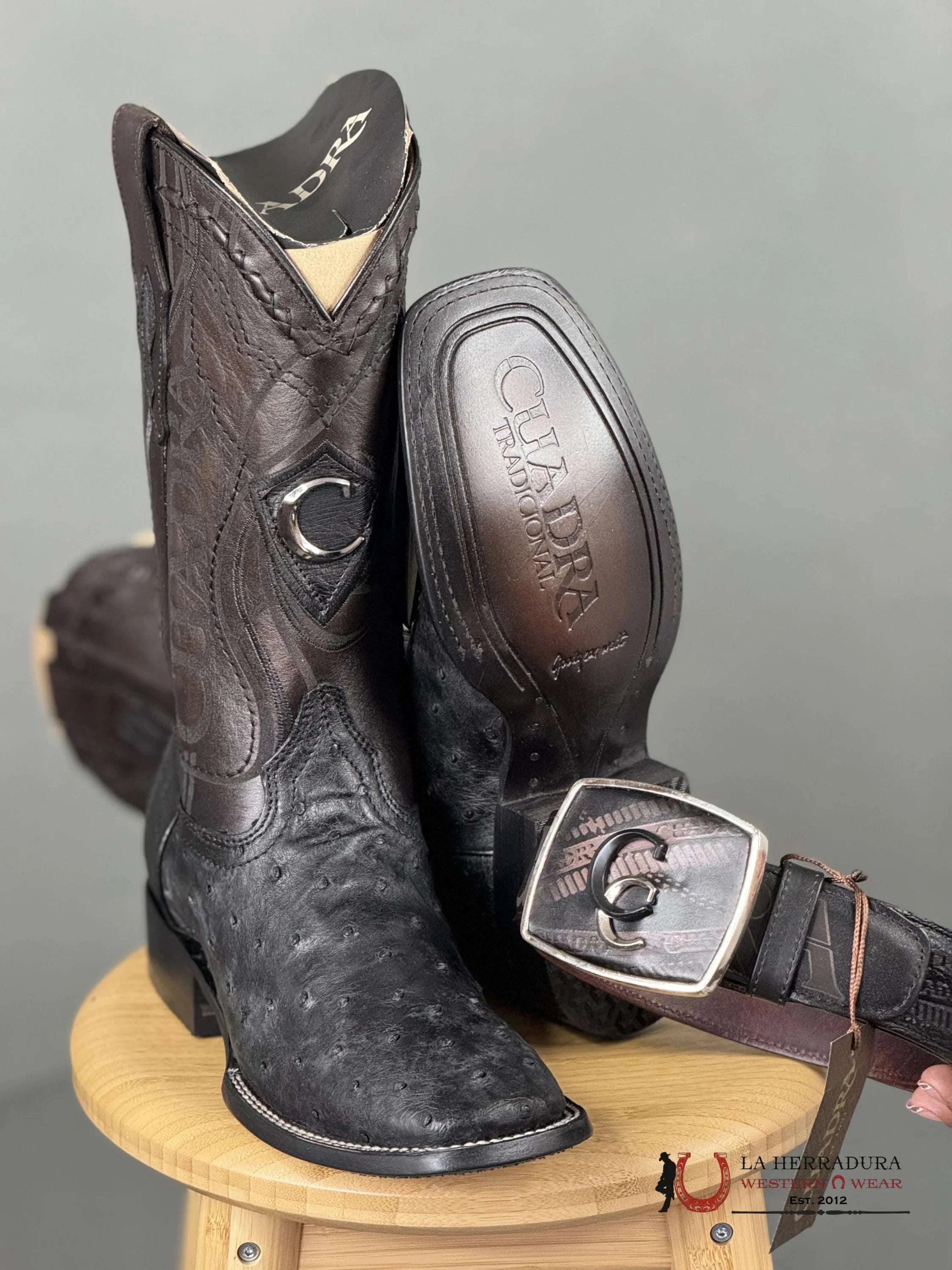 Cuadra Boots Ostrich Black Laser & Woven Square Toe Botas Hombres