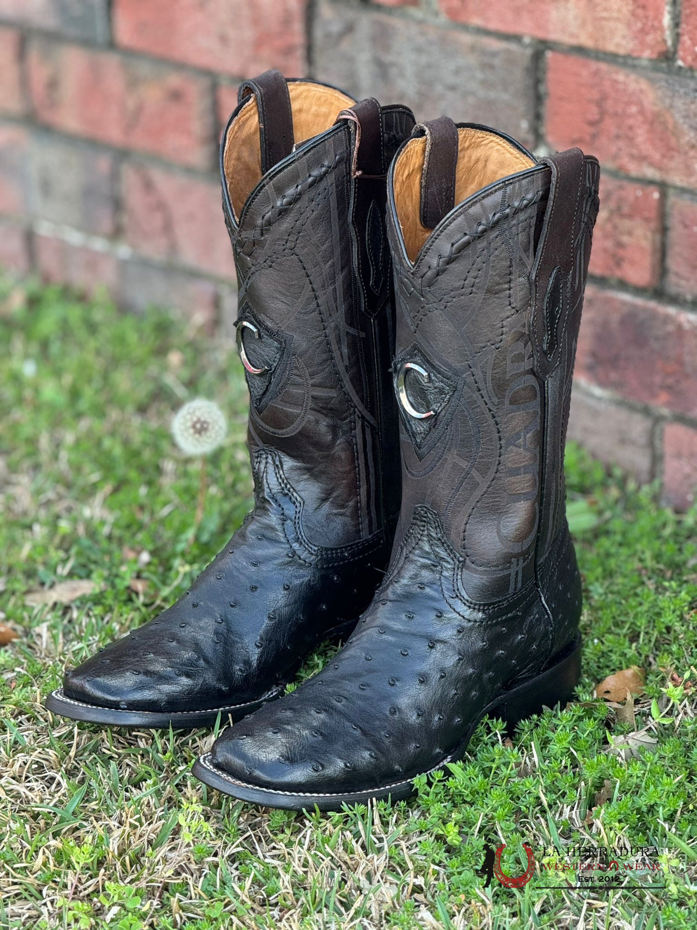 Cuadra Boots Ostrich Black Laser & Woven Square Toe Botas Hombres