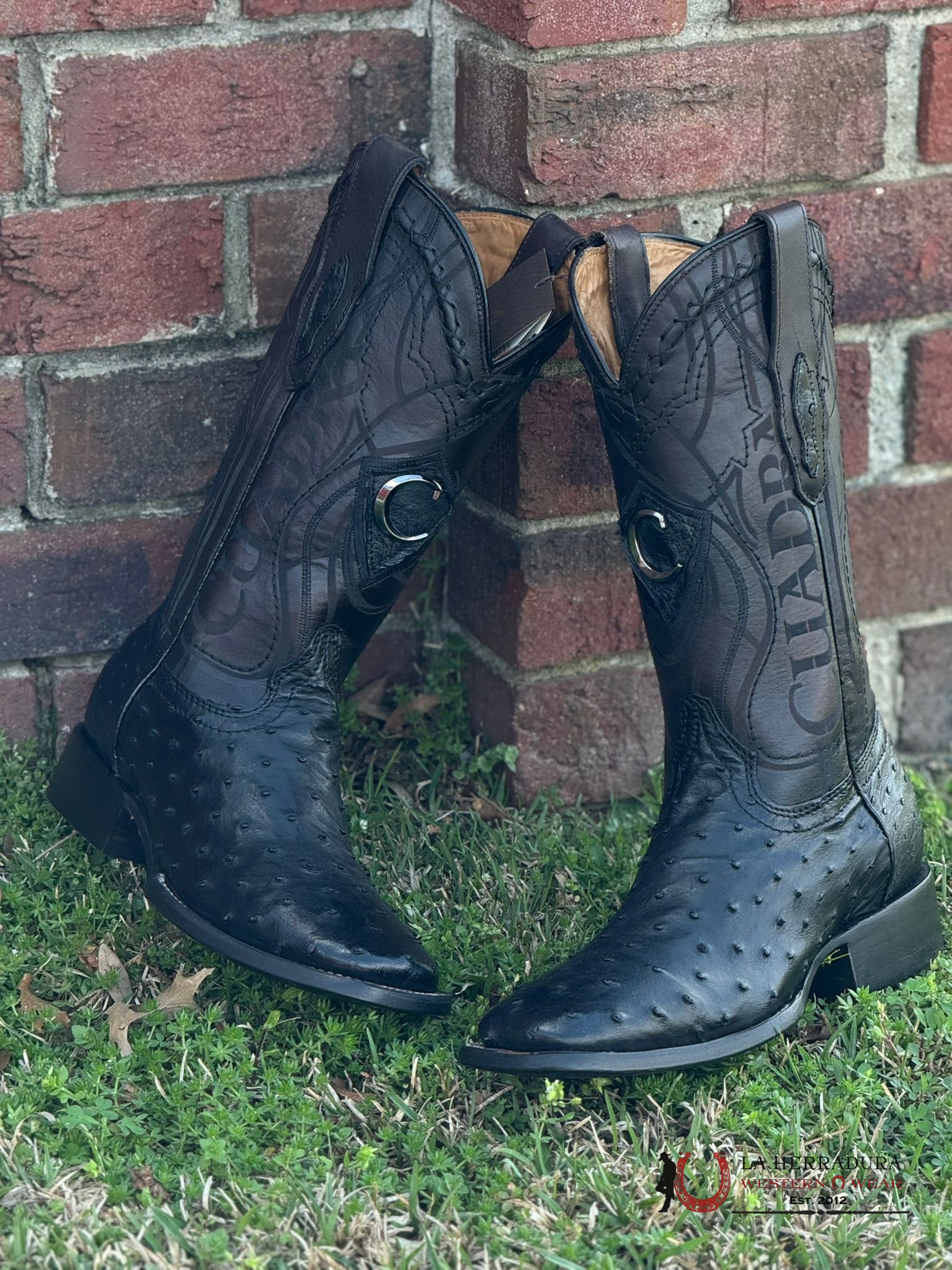 Cuadra Boots Ostrich Black Laser & Woven Square Toe Botas Hombres
