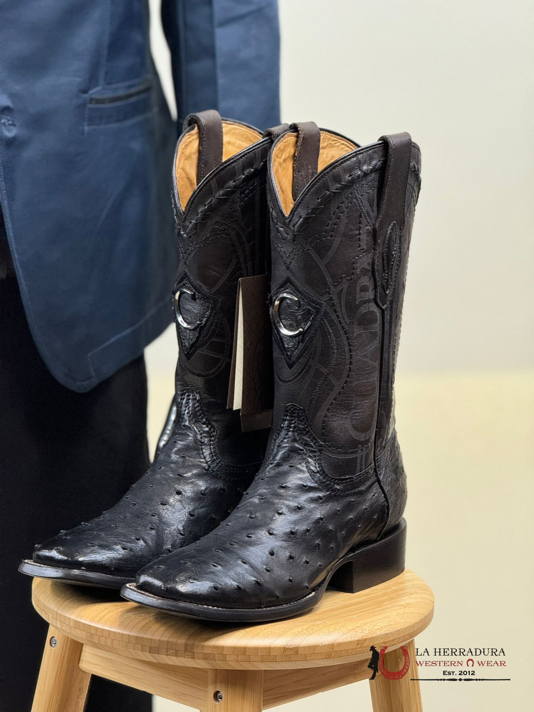 Cuadra Boots Ostrich Black Laser & Woven Square Toe Botas Hombres