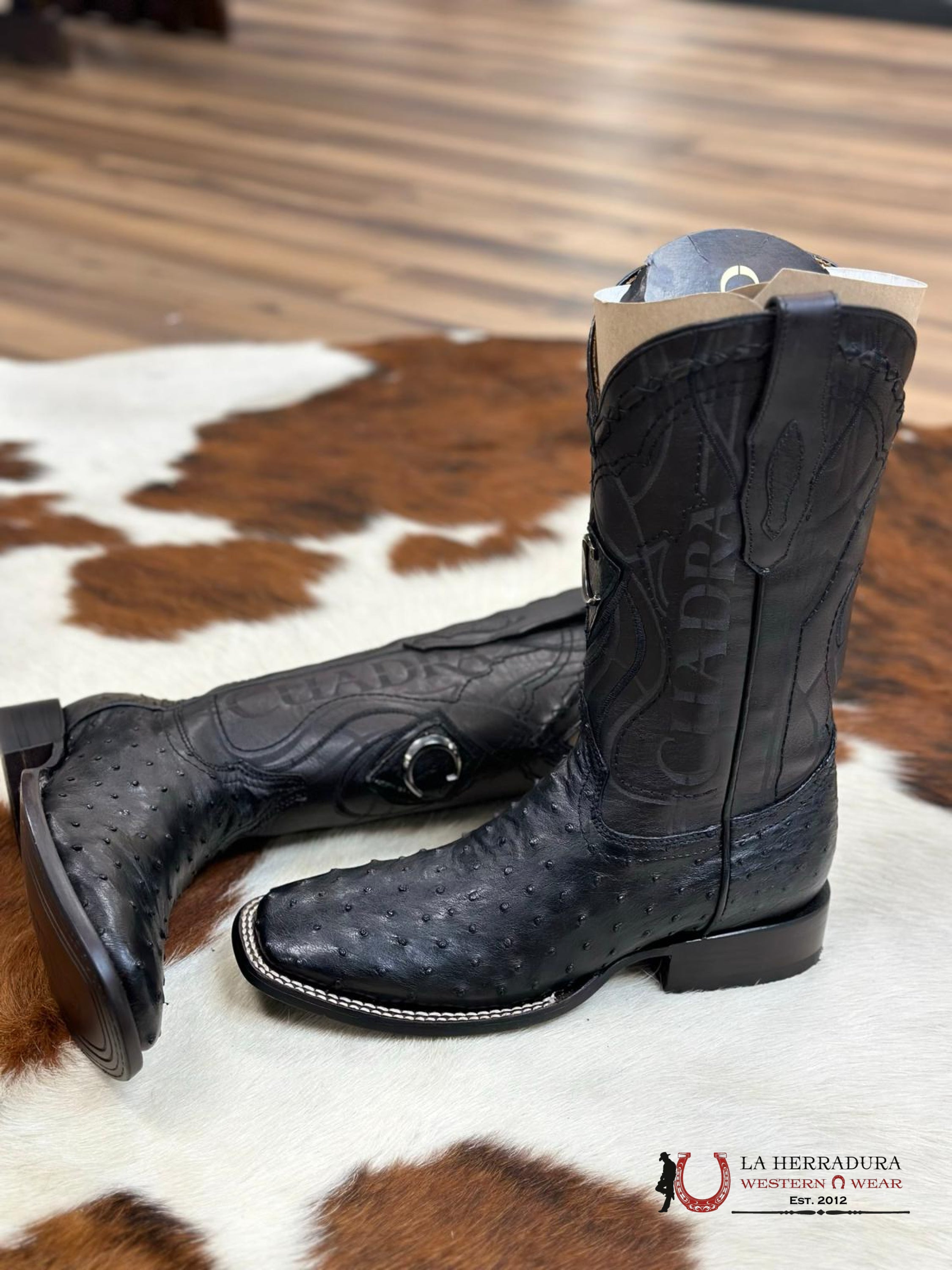 Cuadra Boots Ostrich Black Laser & Woven Square Toe Botas Hombres
