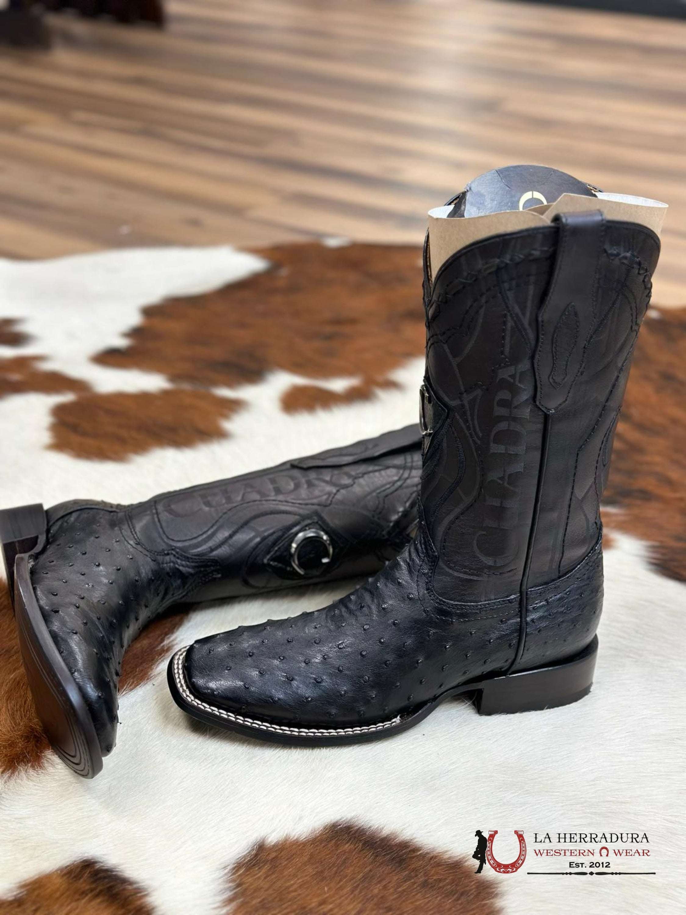 Cuadra Boots Ostrich Black Laser & Woven Square Toe Botas Hombres
