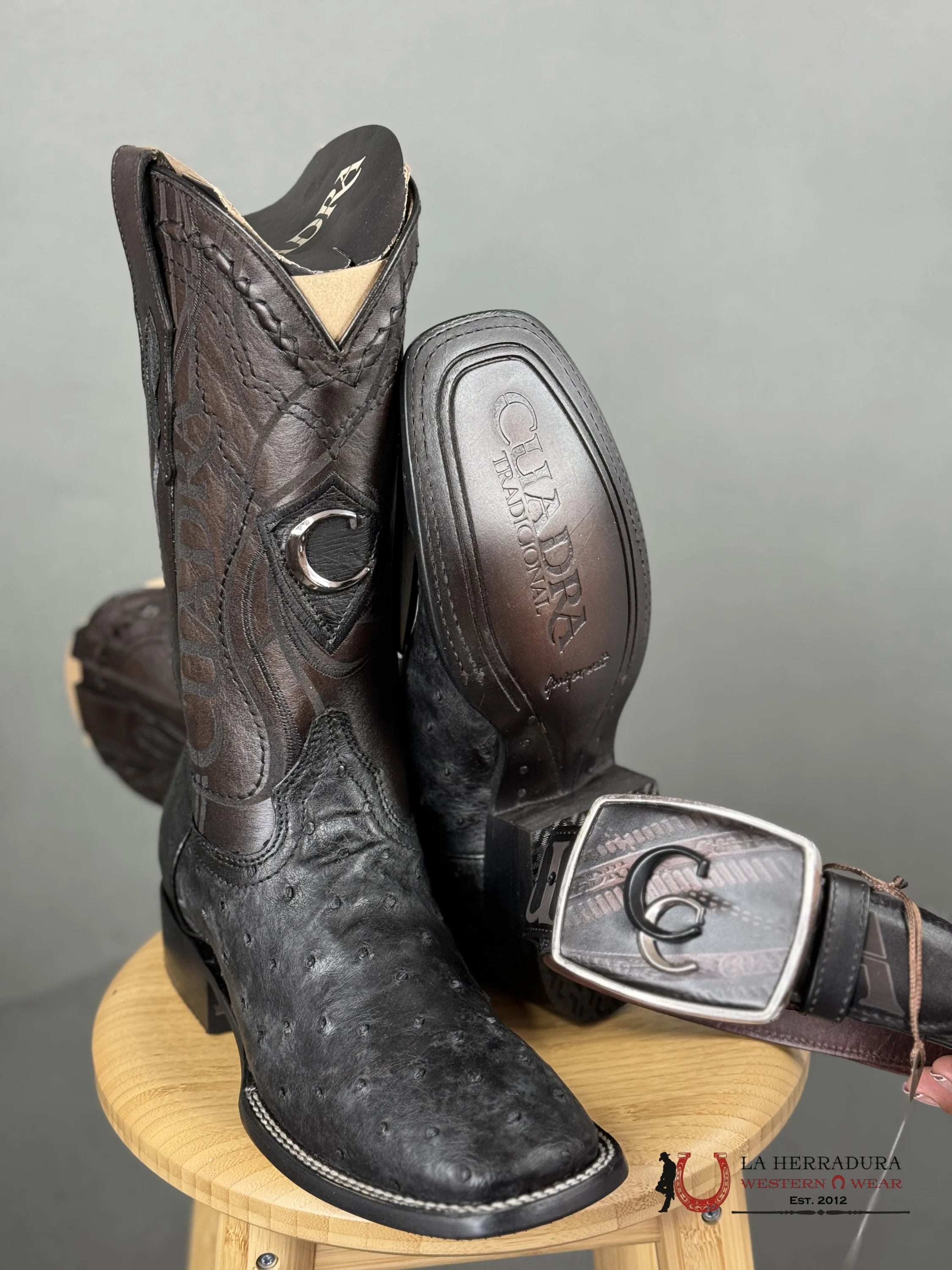 Cuadra Boots Ostrich Black Laser & Woven Square Toe Botas Hombres