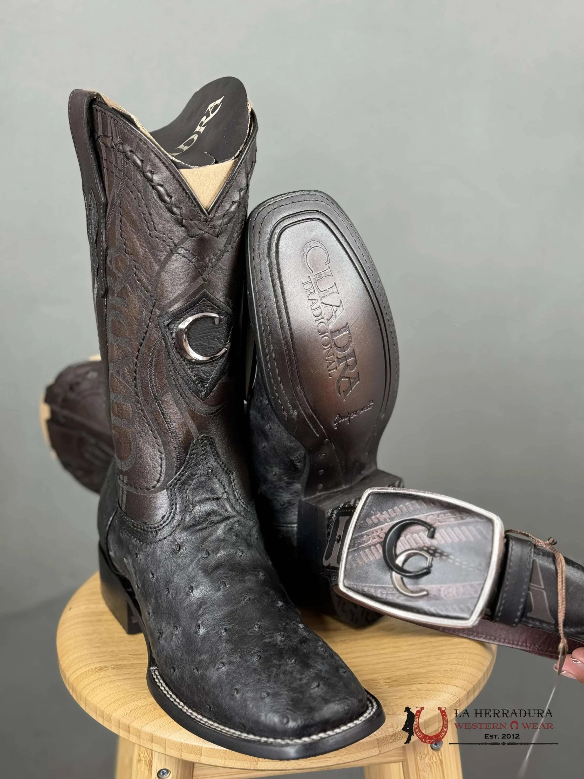 Cuadra Boots Ostrich Black Laser & Woven Square Toe Botas Hombres