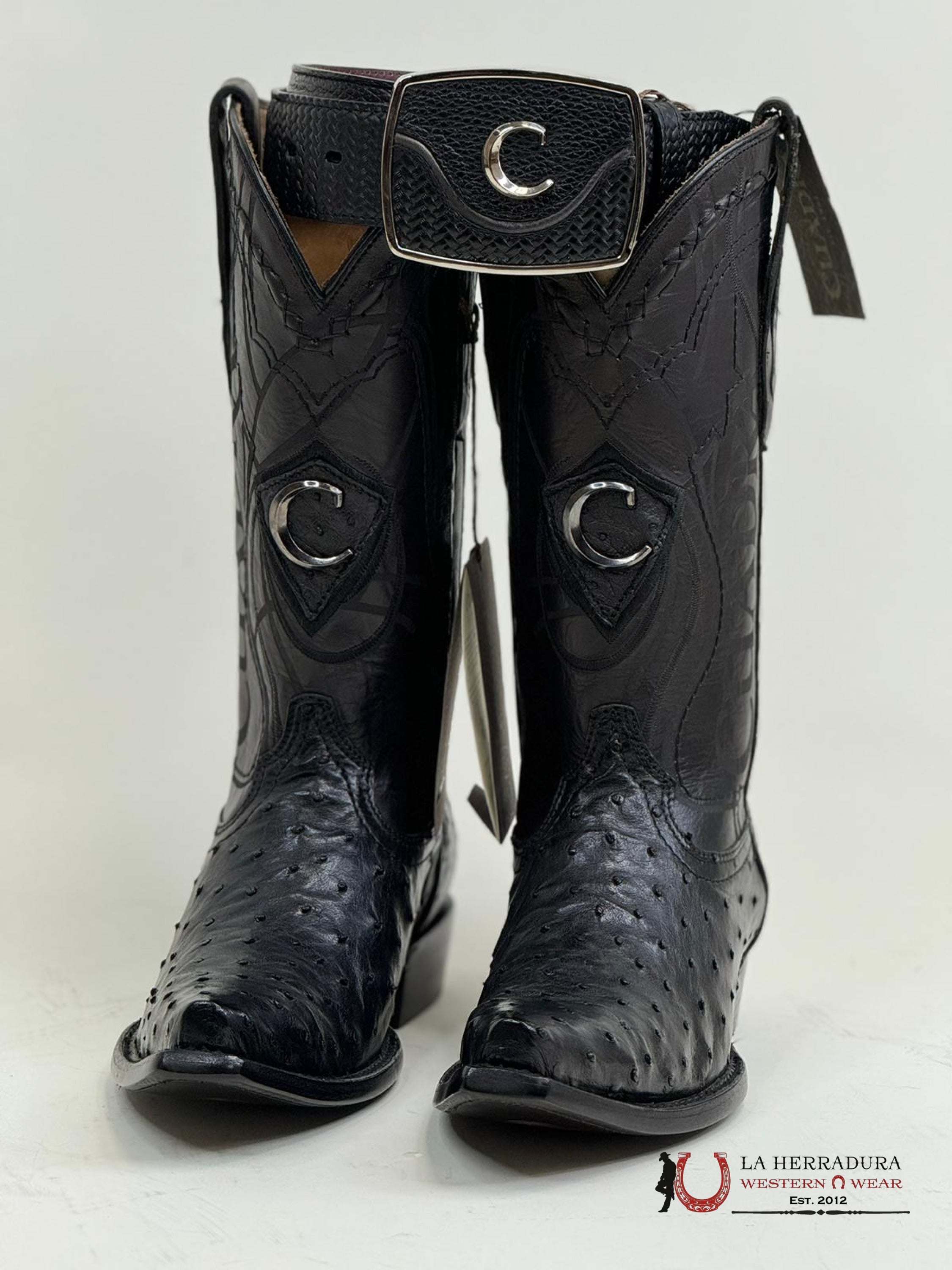 Cuadra Boots Ostrich Black Laser & Woven Snip Toe Botas Hombres