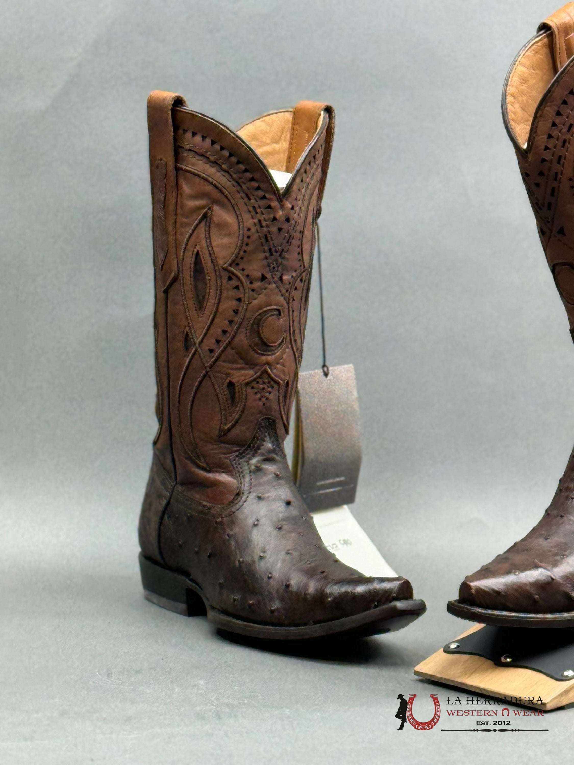 Cuadra Boots Ostrich Everest Chocolate Laser & Woven Snip Toe Botas Hombres