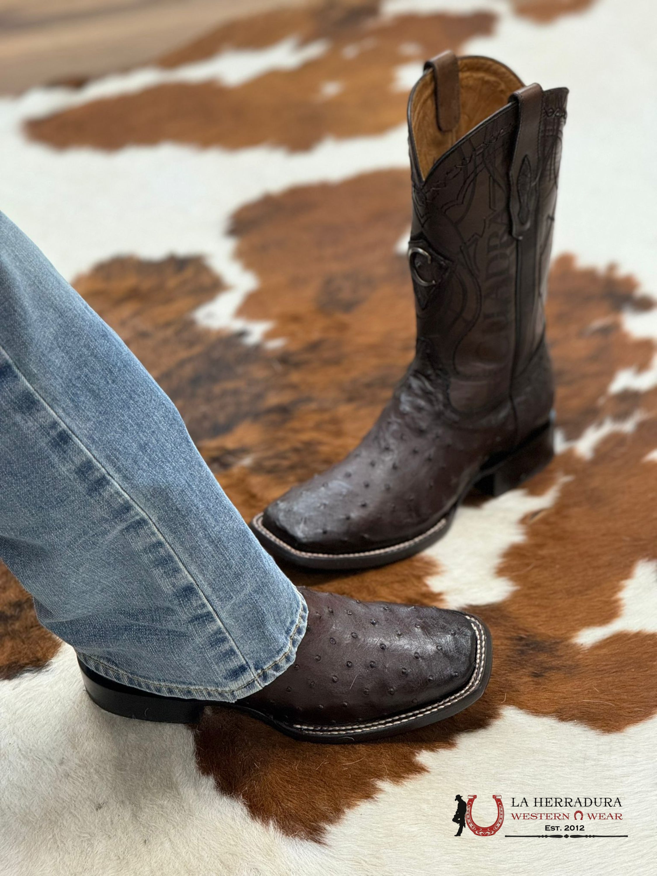 Cuadra Boots Ostrich Flame Cafe Laser Embroidery Square Toe