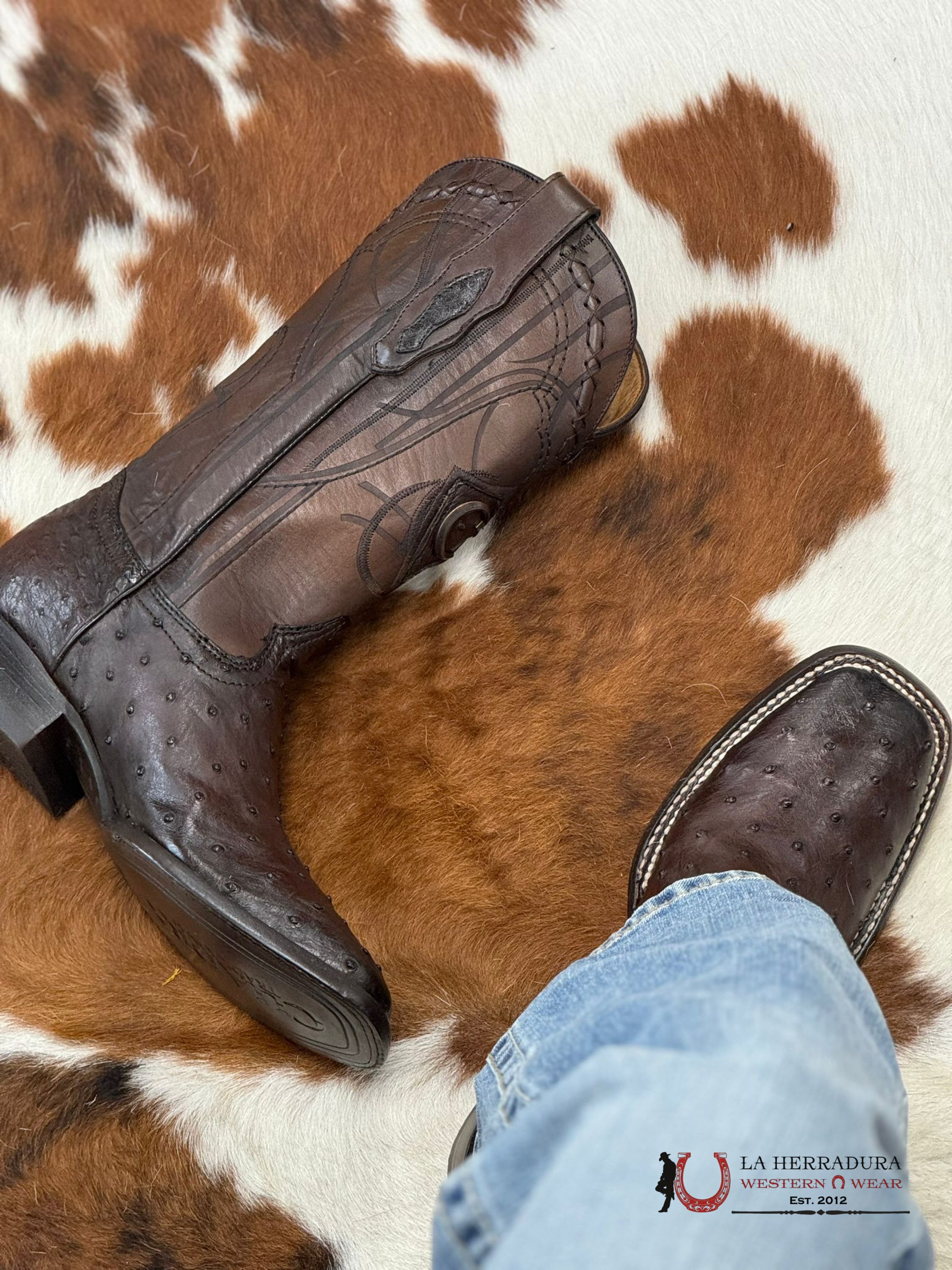 Cuadra Boots Ostrich Flame Cafe Laser Embroidery Square Toe