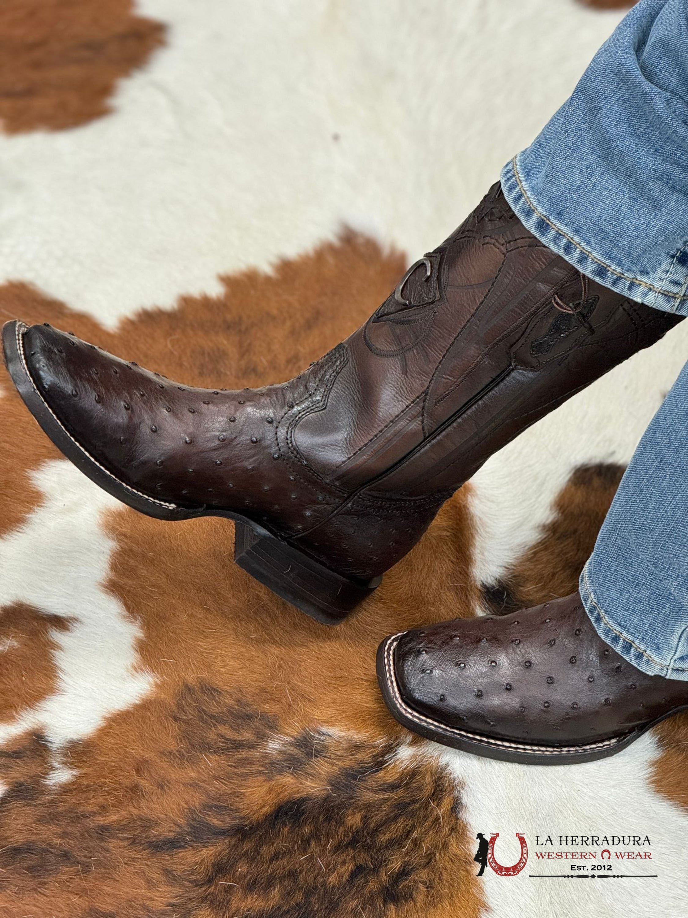 Cuadra Boots Ostrich Flame Cafe Laser Embroidery Square Toe