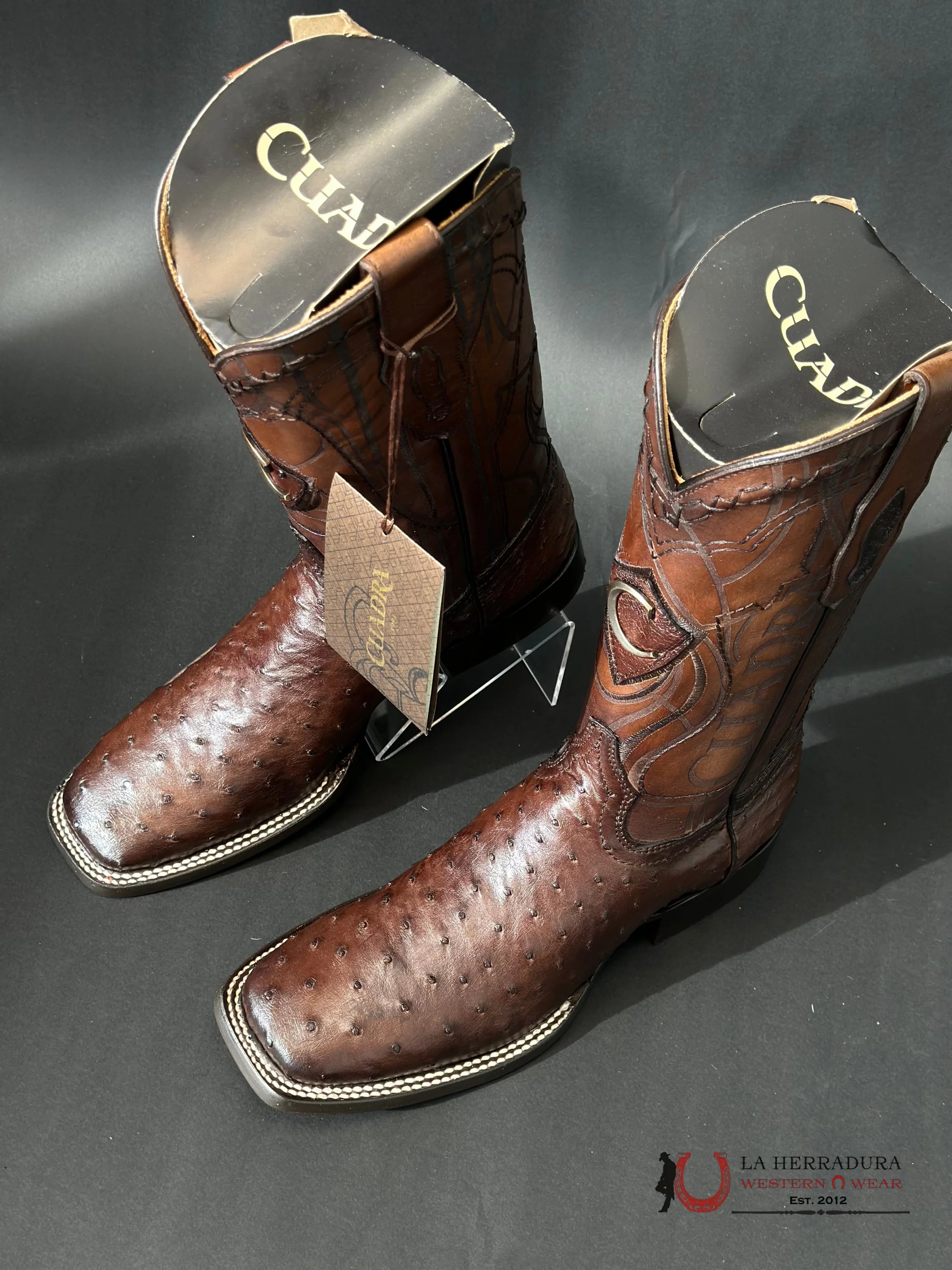 Cuadra Boots Ostrich Flame Cafe Laser Embroidery Square Toe